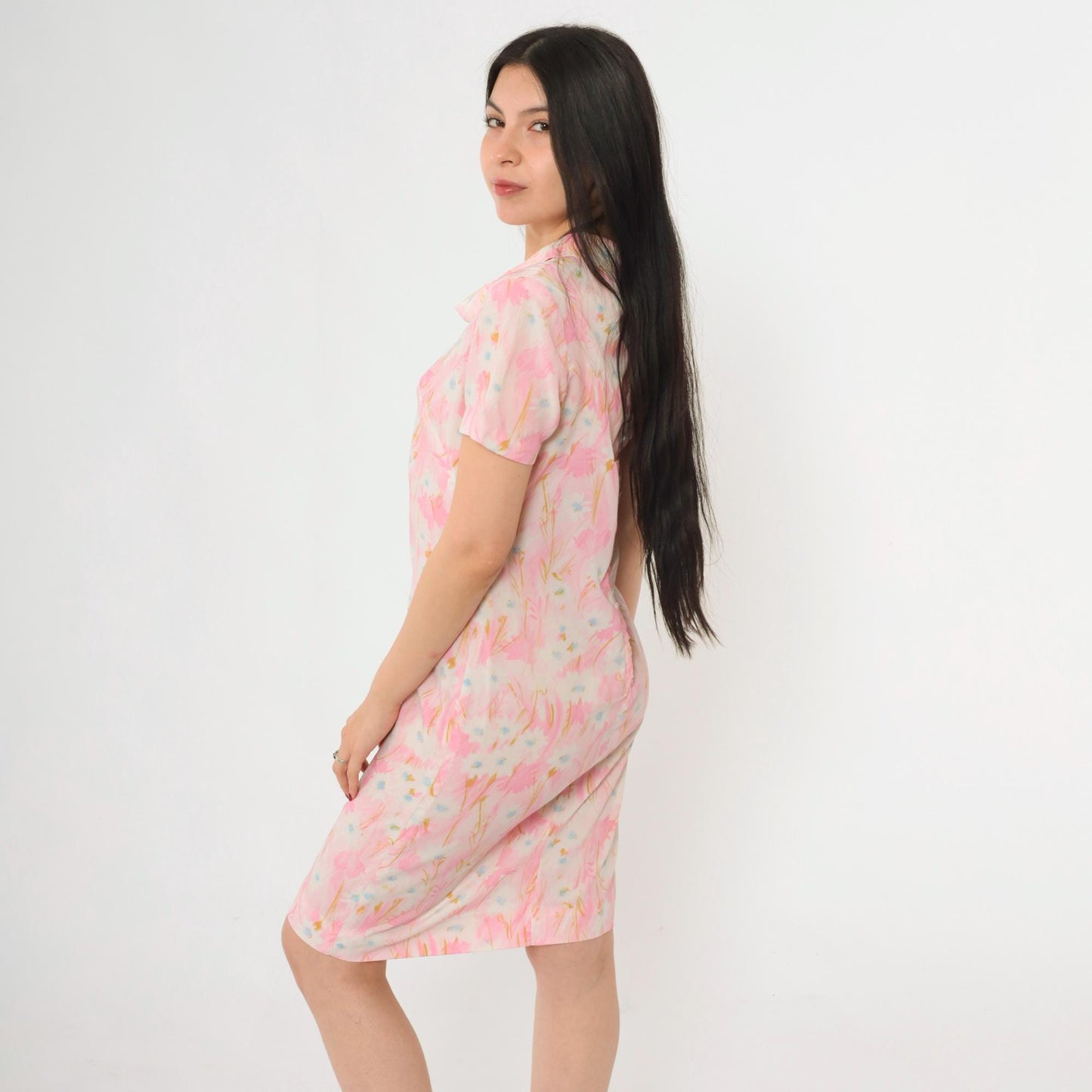 60s Pink Abstract Floral Shift Dress Cowl Neck Short Sleeve Small