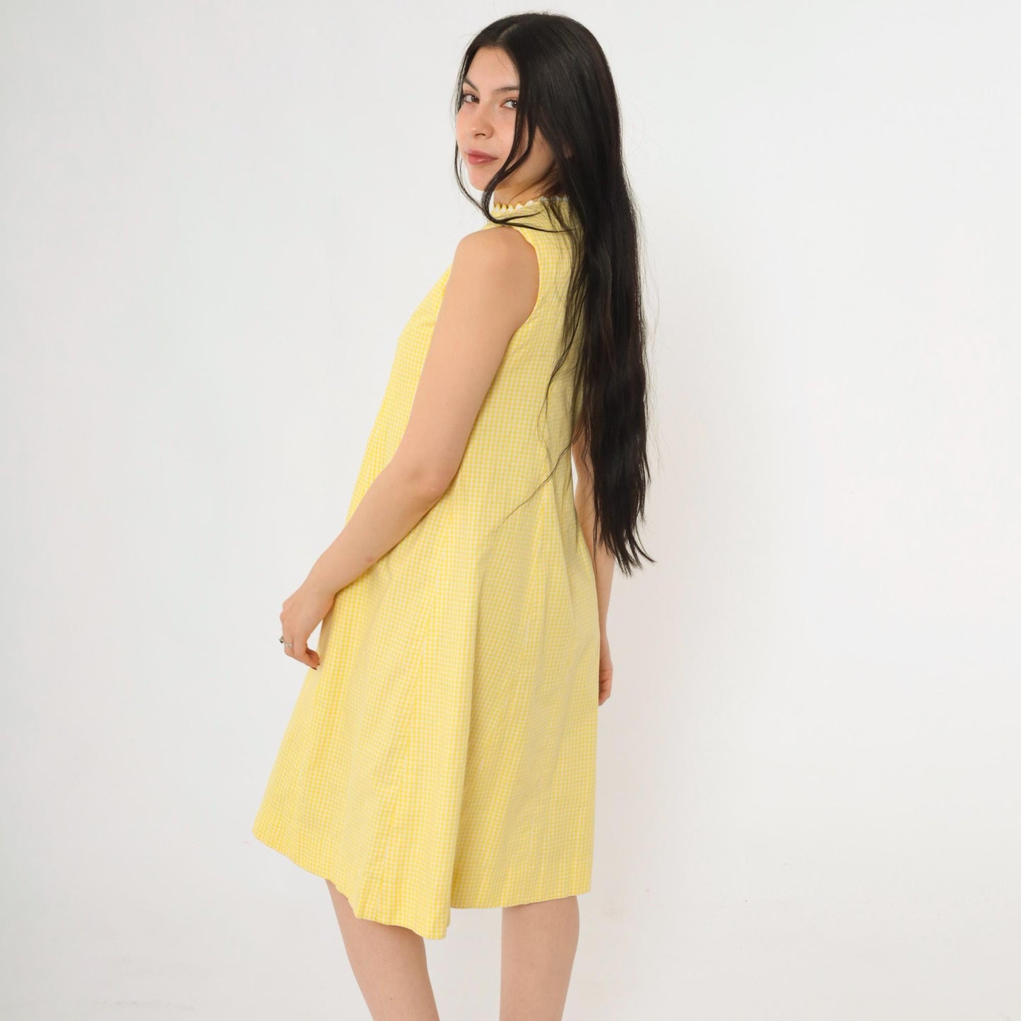 60s Yellow Gingham Sleeveless Dress Ric Rac Trim High Neck A-Line Knee Extra Small