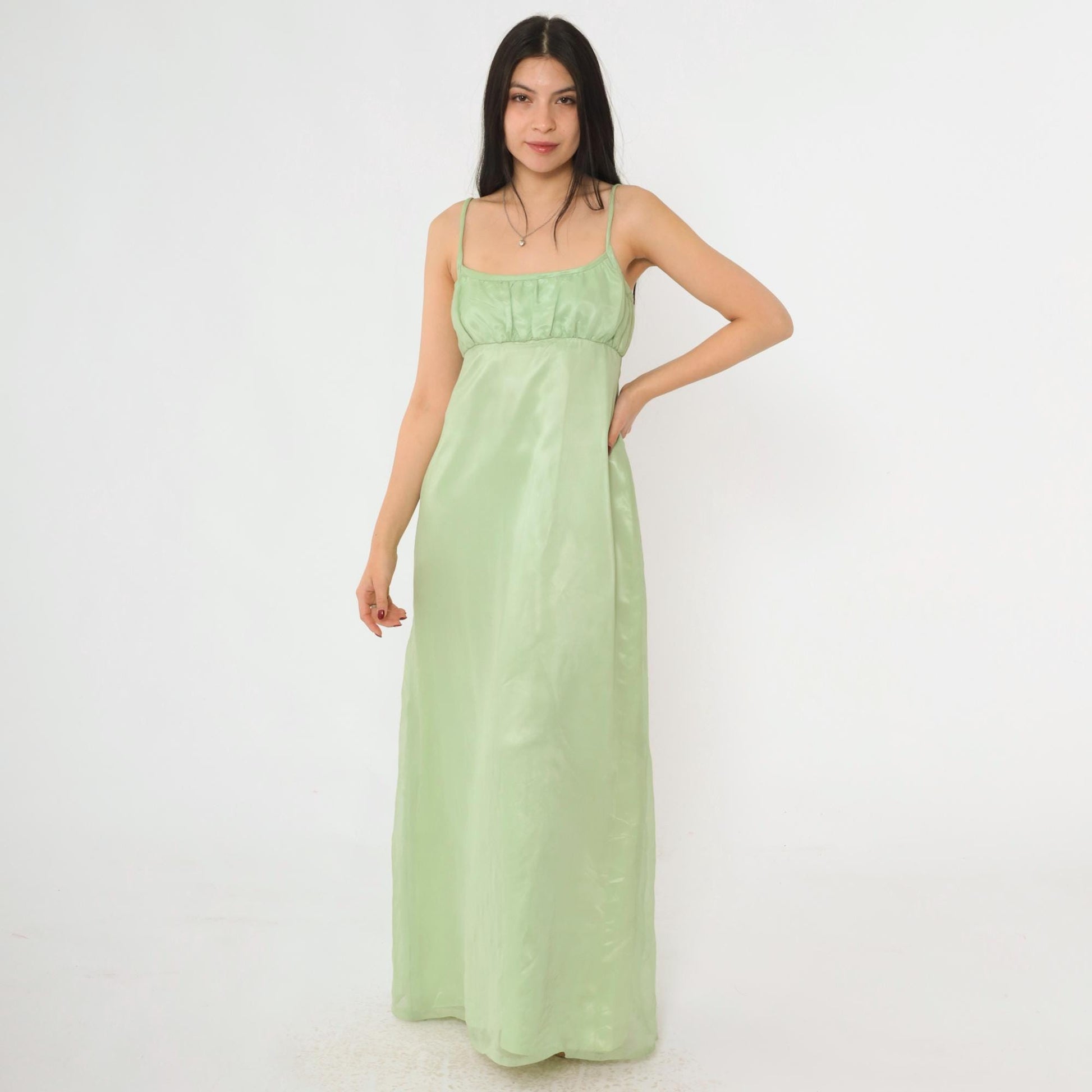 70s Light Green Empire Waist Maxi Dress Organdy Spaghetti Strap Formal Gown XS