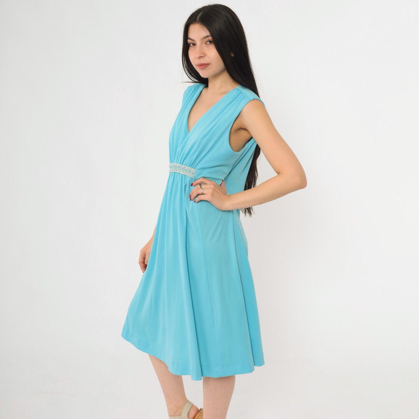 70s Blue Grecian Midi Dress Empire Waist Embroidered V Neck Sleeveless Medium