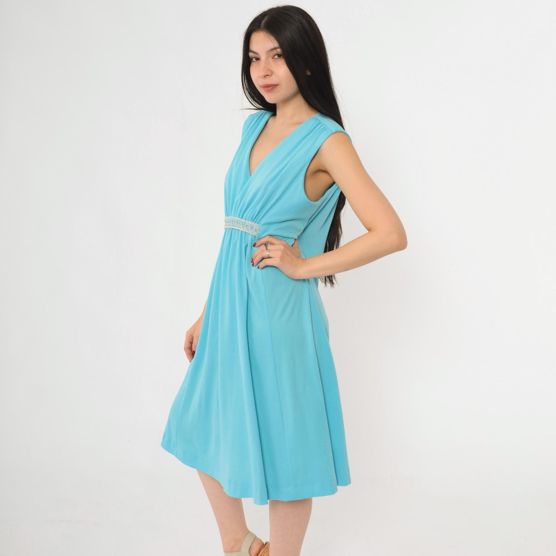 70s Blue Grecian Midi Dress Empire Waist Embroidered V Neck Sleeveless Medium