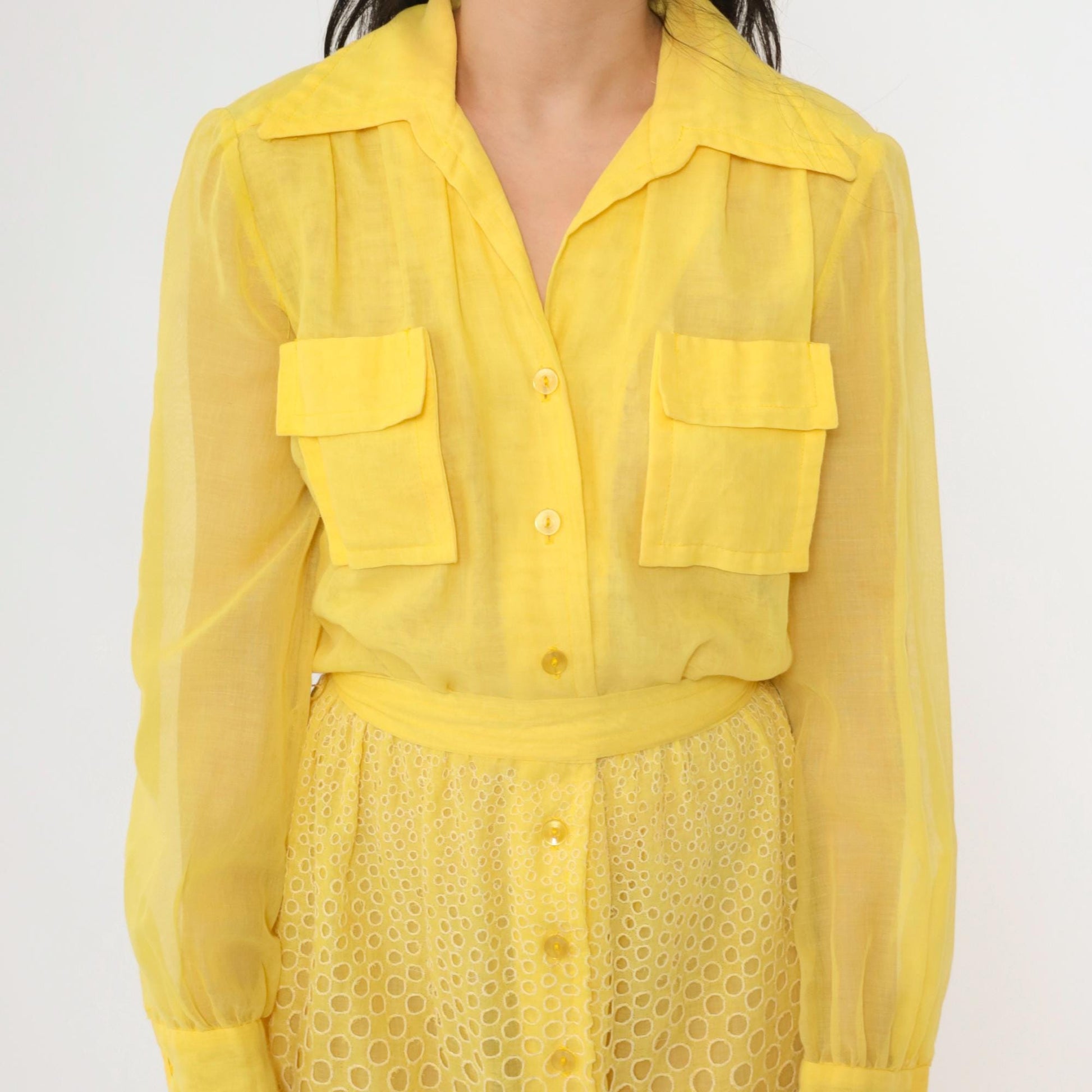 70s Yellow Eyelet Lace Maxi Dress Button-Up High Waist Utility Pockets Small