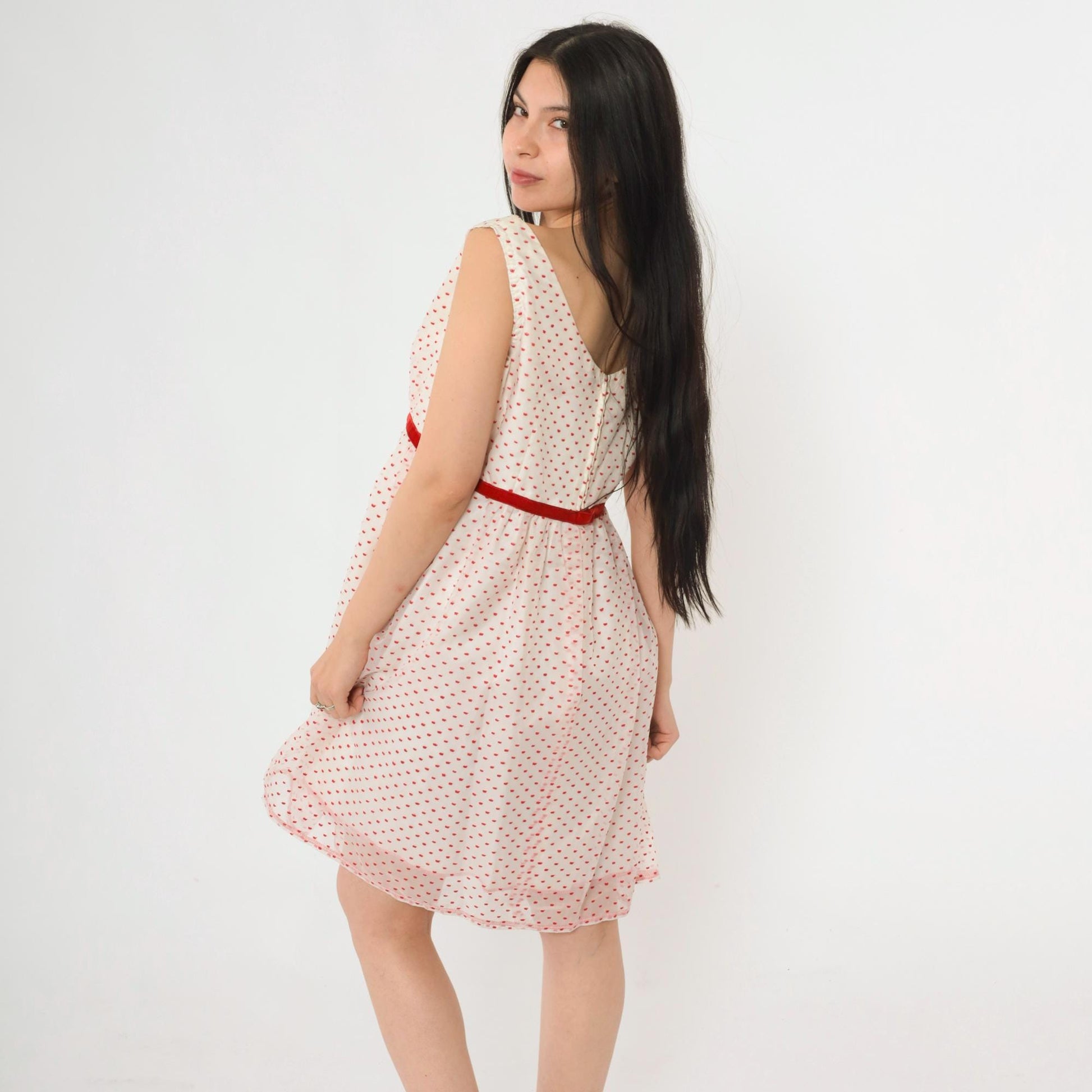60s White Party Dress Flocked Crown Dot Print Red Velvet Bow Empire Waist Mini Medium