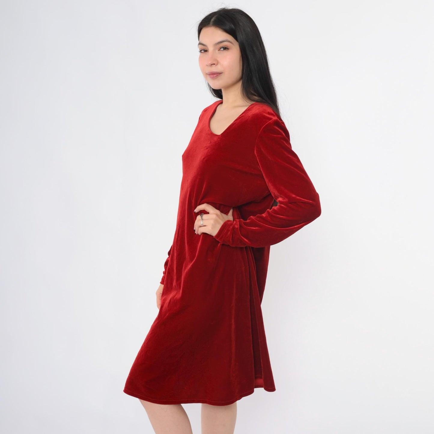 90s Red Velvet Shift Dress Asymmetrical Neckline Long Sleeve Knee Length Medium
