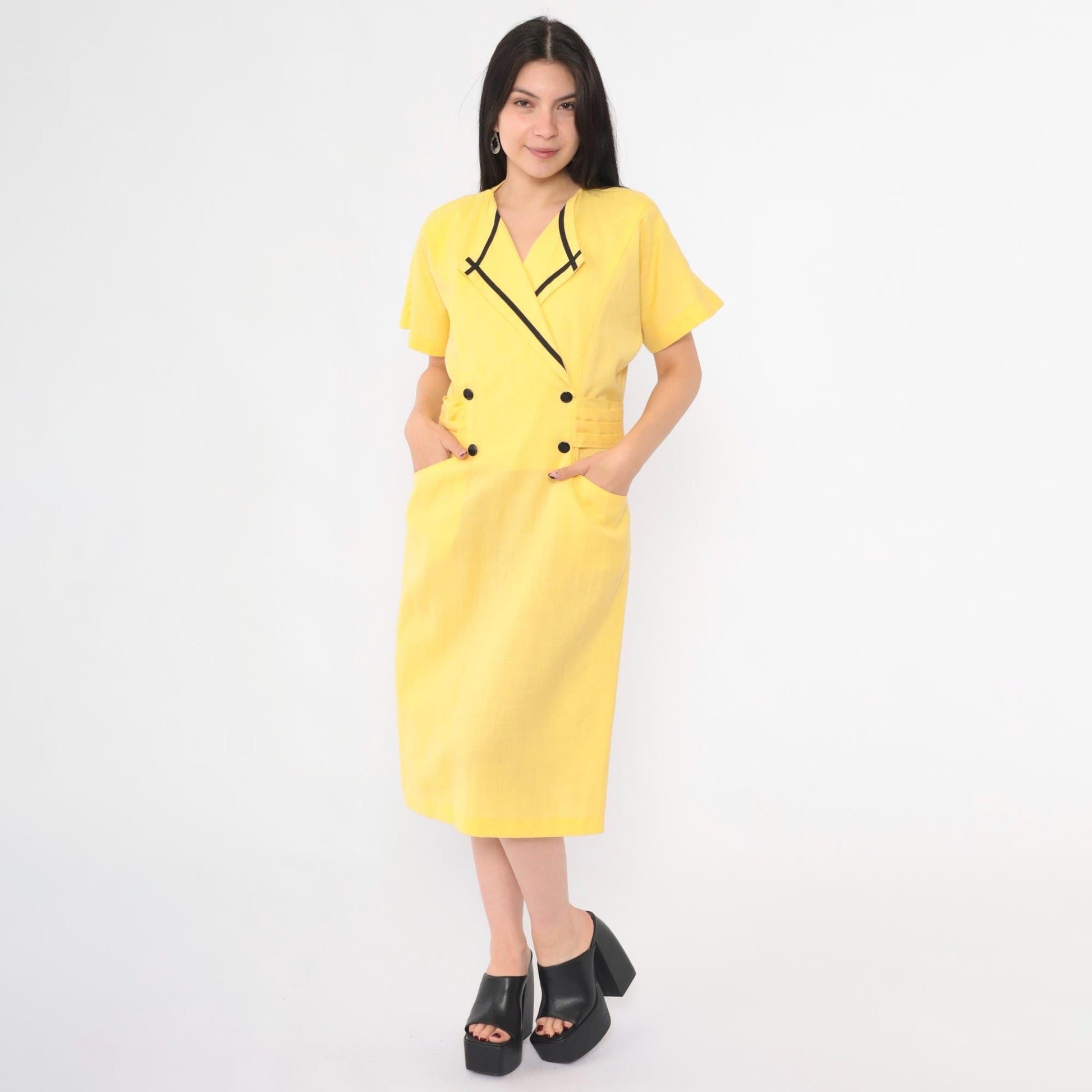 80s Damon Petite Yellow Midi Dress Double Breasted Button Front Black Trim Medium