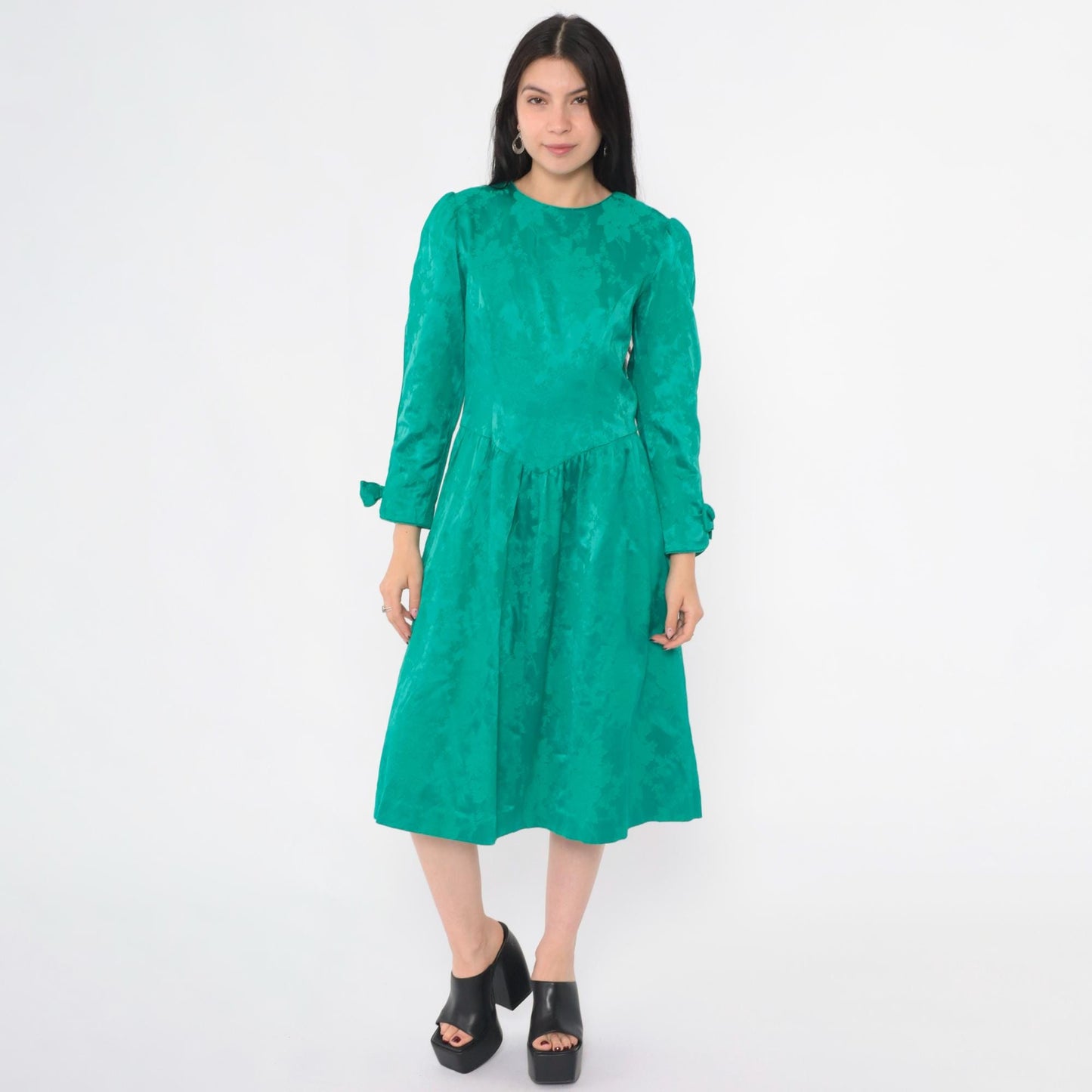 80s Lanz Originals Emerald Jacquard Midi Dress Puff Sleeve Bow Cuff Medium M