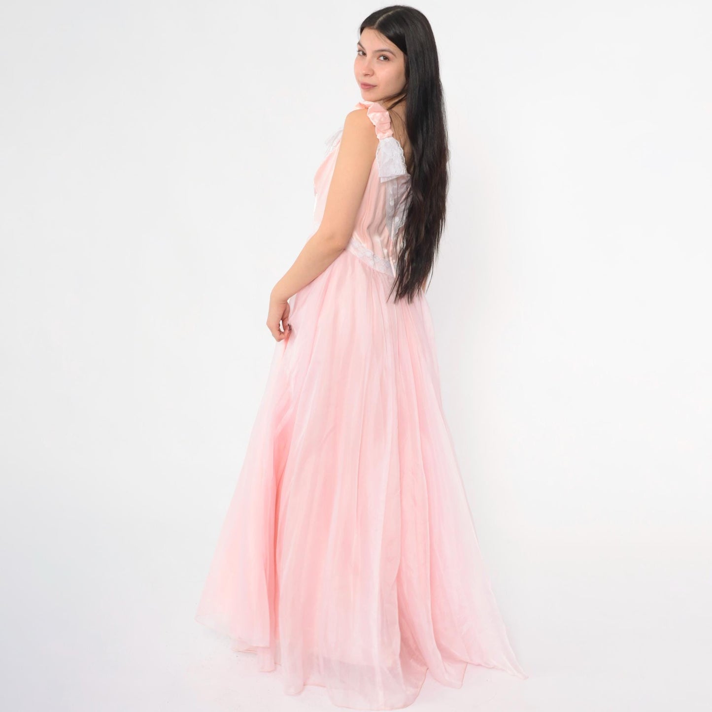70s Priscilla of Boston Pink Chiffon Maxi Gown Ruched Bow Small