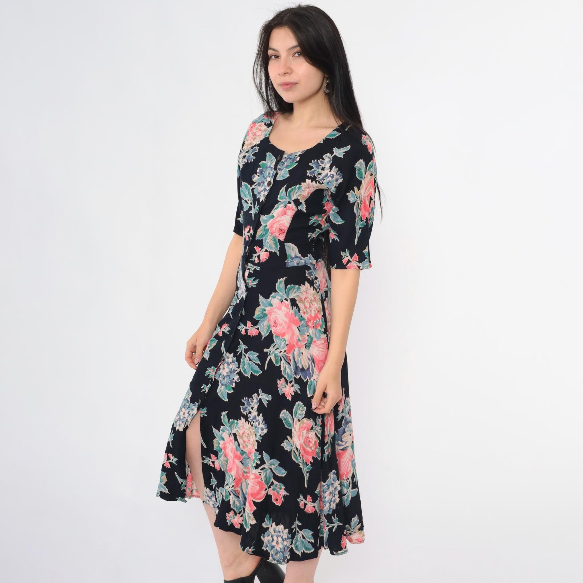 90s Black Floral Midi Dress Button-Up Scoop Neck Short Sleeve Small S