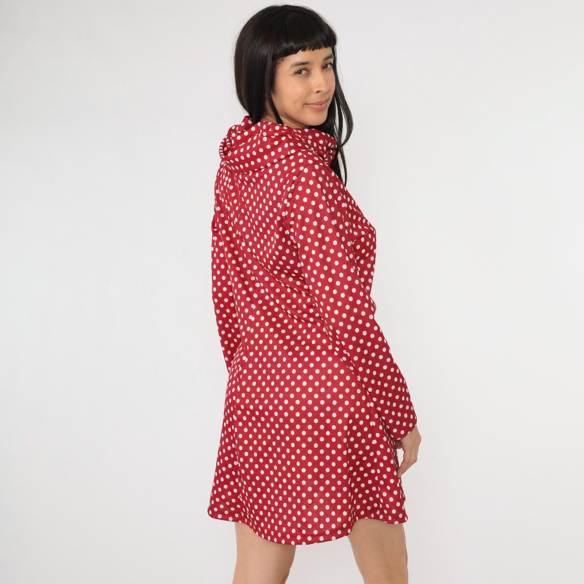 70s Red Polka Dot Mock Neck Mini Dress Long Sleeve A-Line Shift Medium Large