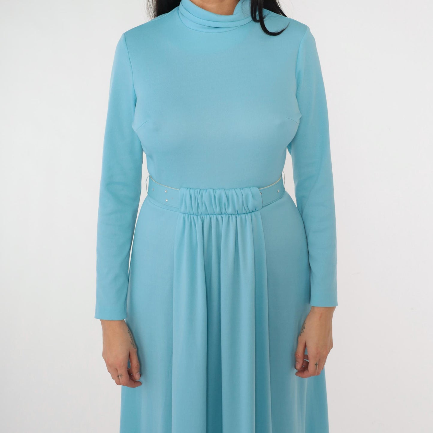 70s Light Blue Maxi Dress Draped A-Line Mock Neck Rhinestone Belt Small