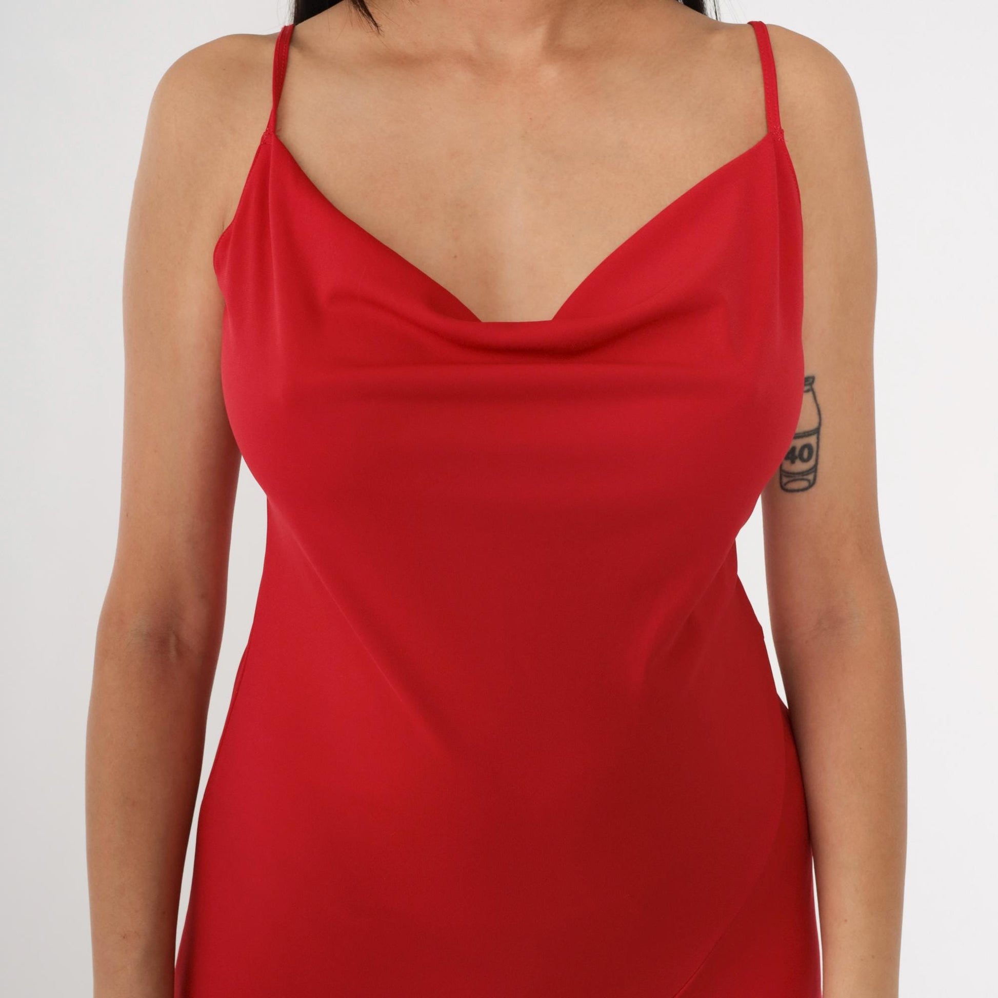 Y2K Red Cowl Neck Midi Dress Spaghetti Strap Fit Flare 00s Medium