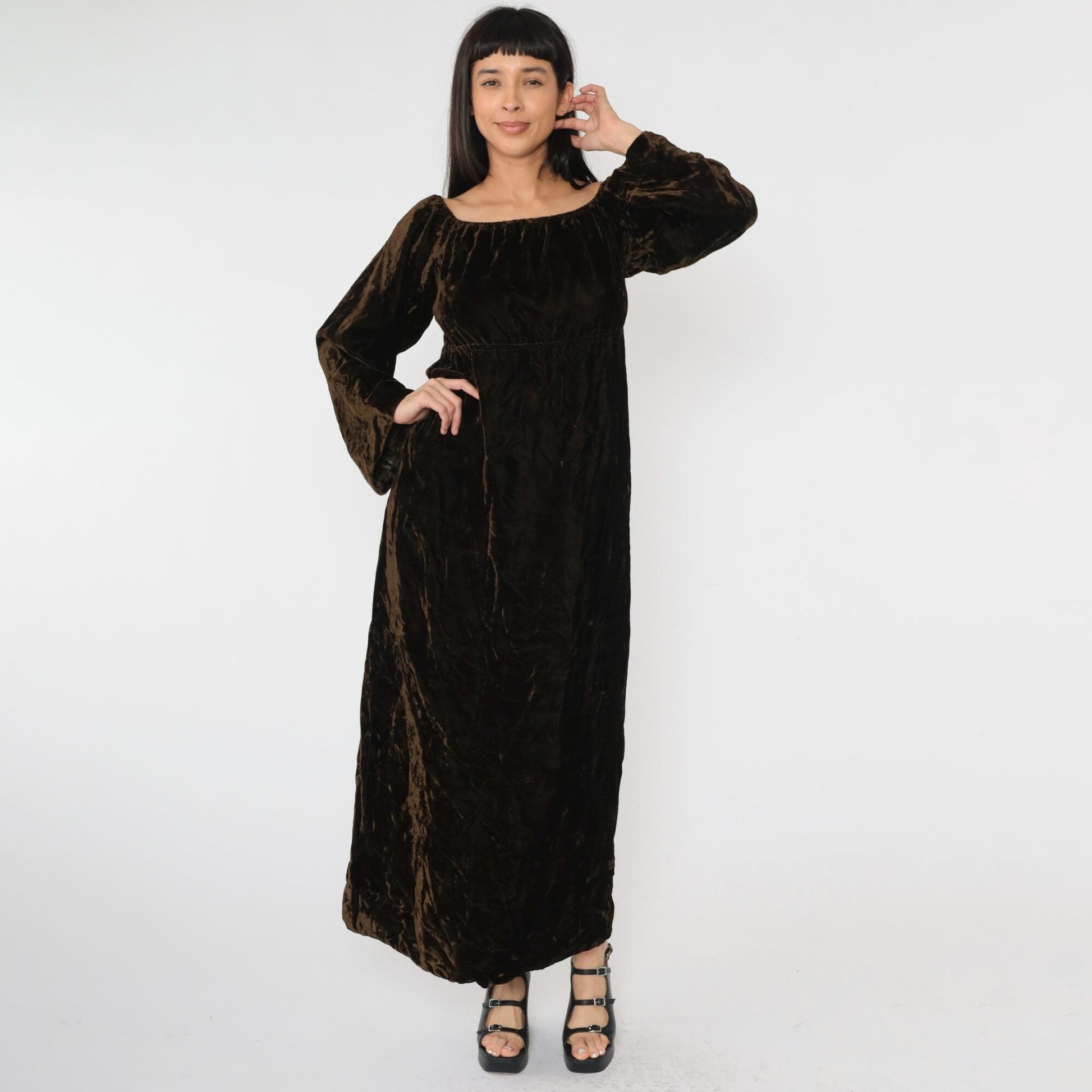 Y2K Brown Velvet Maxi Dress Empire Waist Wide Sleeve Small S