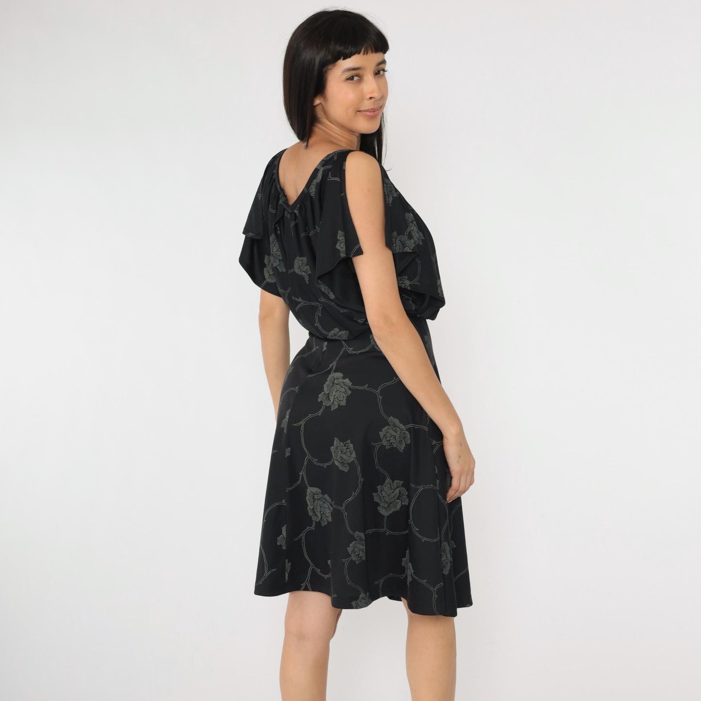 70s Black Floral Midi Dress High Waist Flutter Sleeve Small