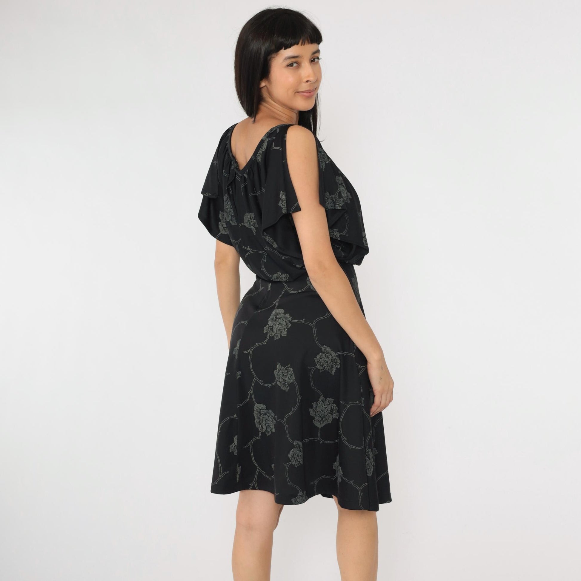 70s Black Floral Midi Dress High Waist Flutter Sleeve Small