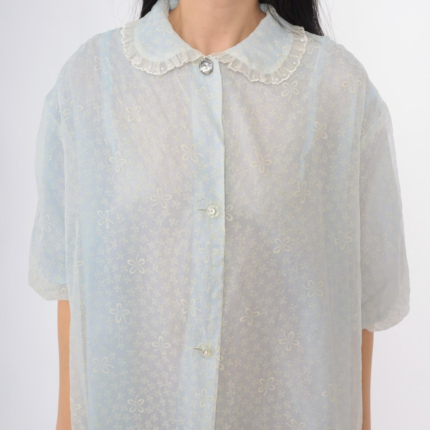 60s Light Blue Chiffon Robe Flocked Floral Peter Pan Collar Peignoir Extra Large