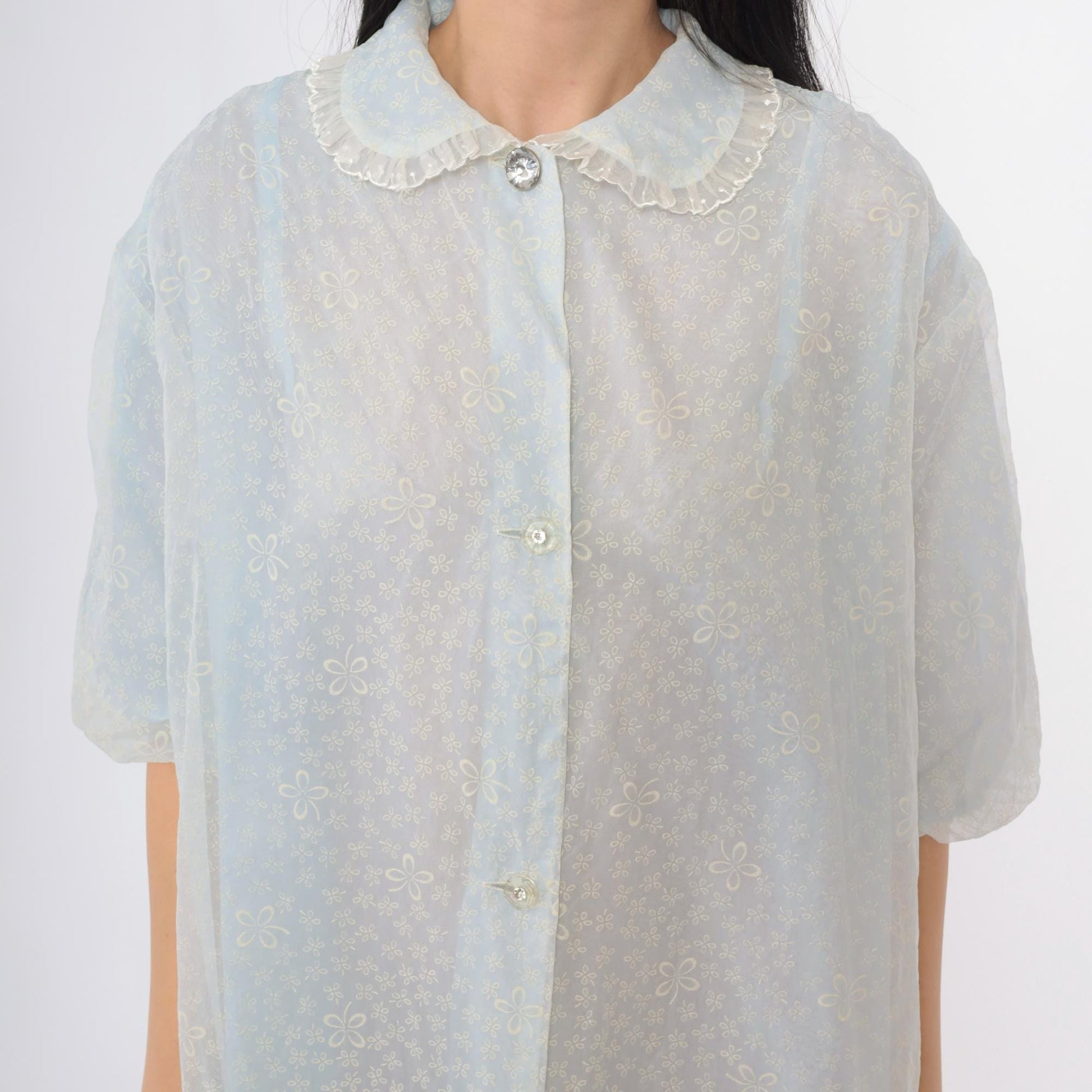 60s Light Blue Chiffon Robe Flocked Floral Peter Pan Collar Peignoir Extra Large