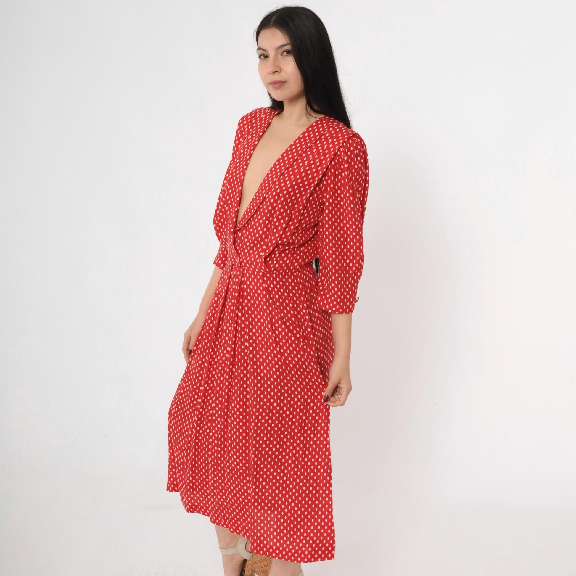 80s Red Polka Dot Midi Dress Deep V Puff Sleeve Pleated Small