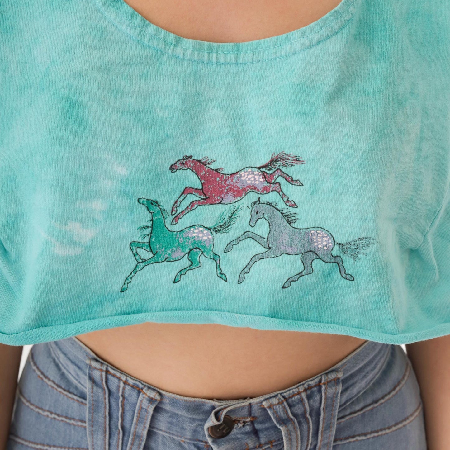 90s Horse Tie Dye Crop Tank Top Turquoise Scoop Neck Small Medium