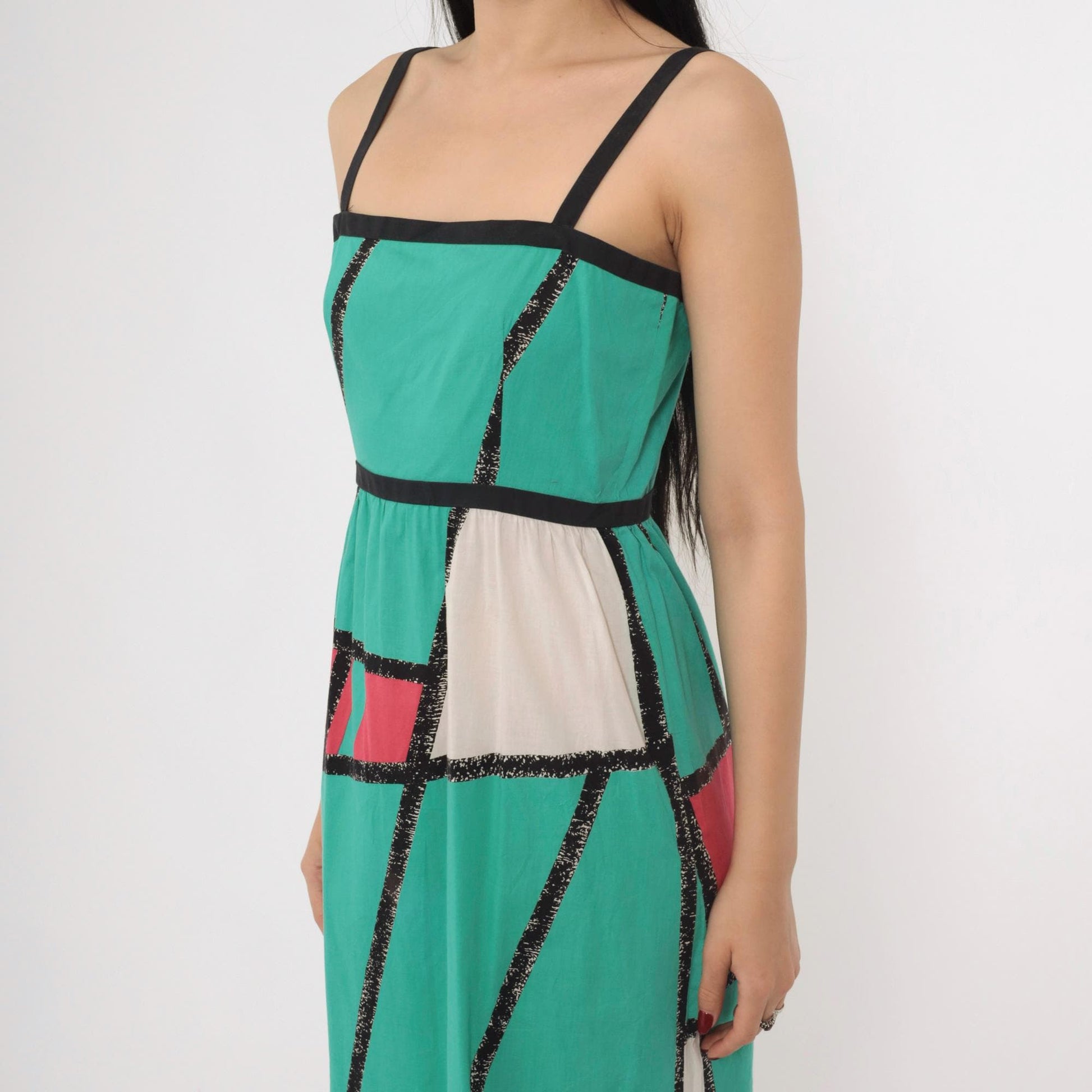 80s Teal Fuchsia Colorblock Maxi Sundress Spaghetti Strap High Waist Extra Small