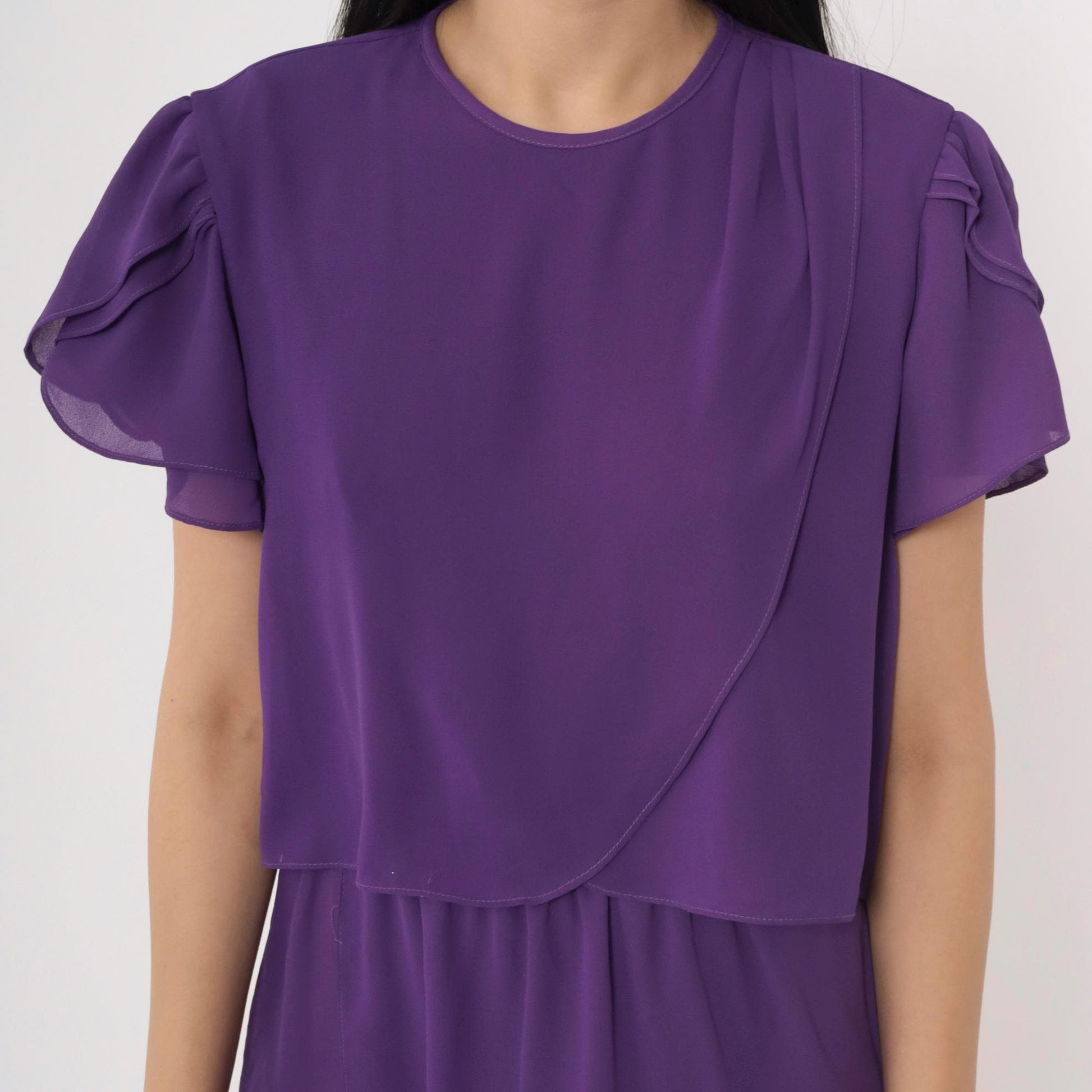 80s Purple Tulip Sleeve Dress Layered Bodice Knee Length Medium M