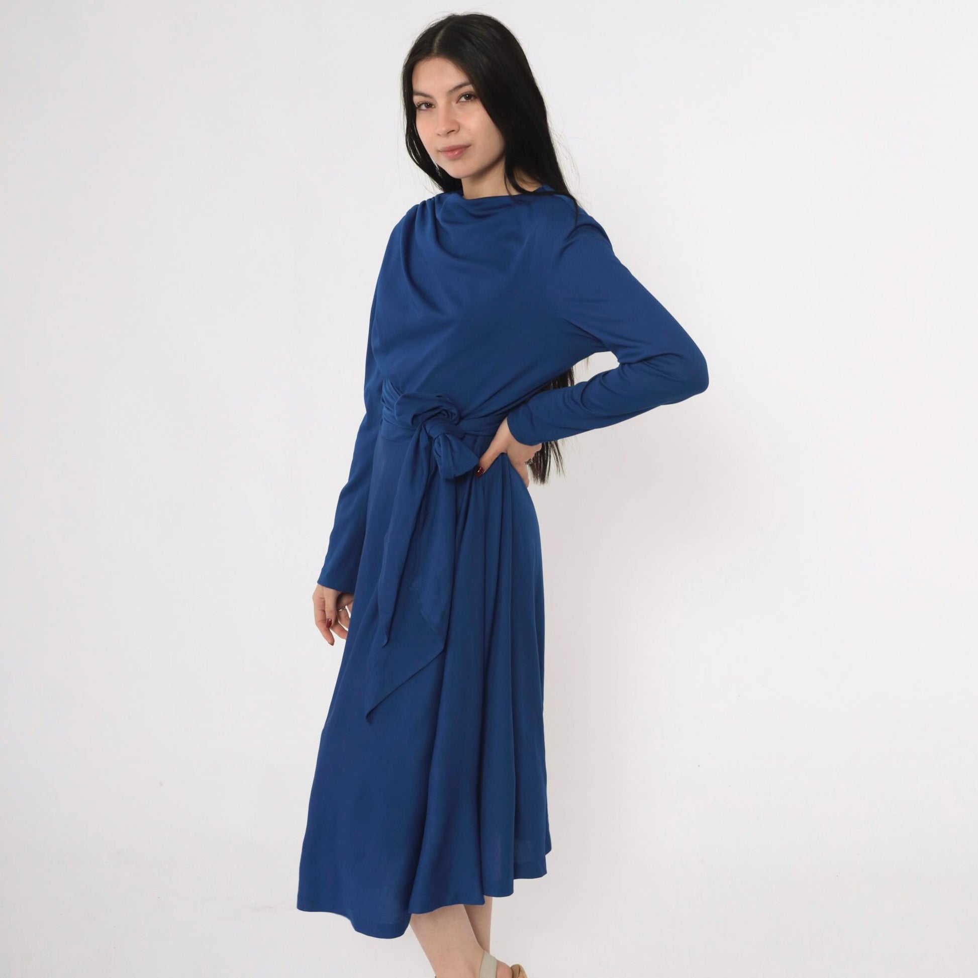 70s Royal Blue Dress Draped Boat Neck Tie Waist Midi A-Line Long Sleeve Large