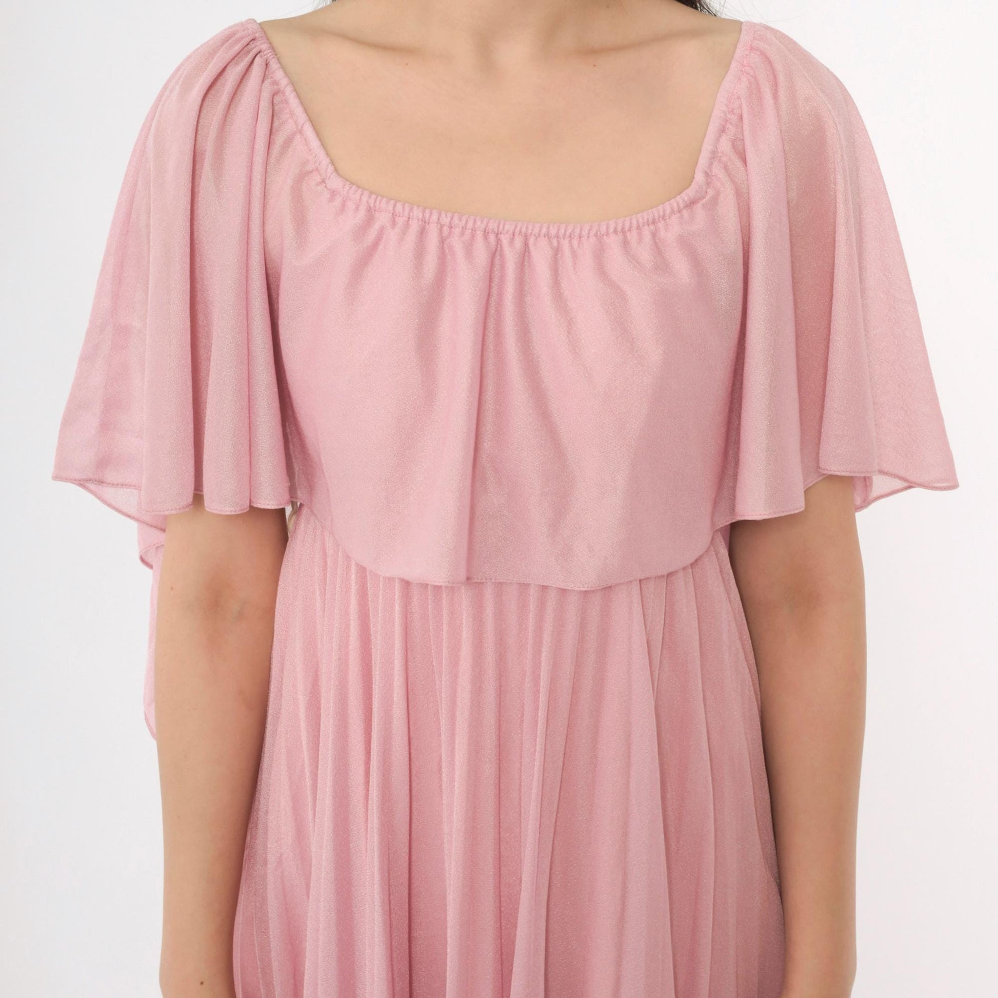 70s Pink Grecian Maxi Dress Capelet Flutter Sleeve High Waist Extra Small