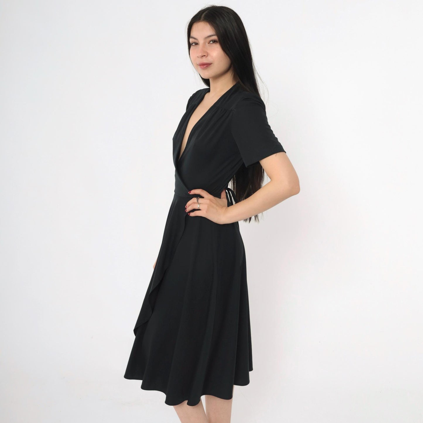 70s Young Edwardian Arpeja Black Wrap Midi Dress Puff Sleeve V Neck Small