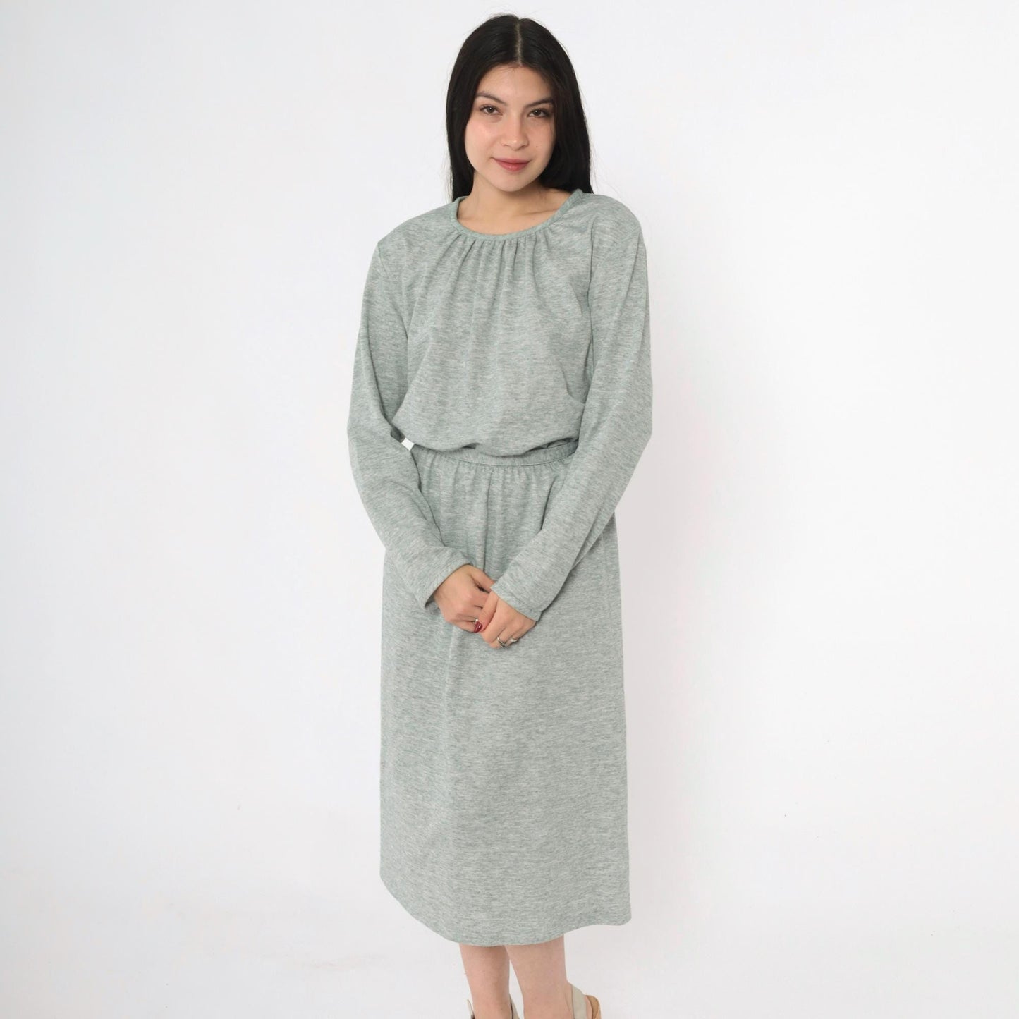 80s Heather Green Wool Blend Midi Dress High Waist Long Sleeve Belt Extra Large