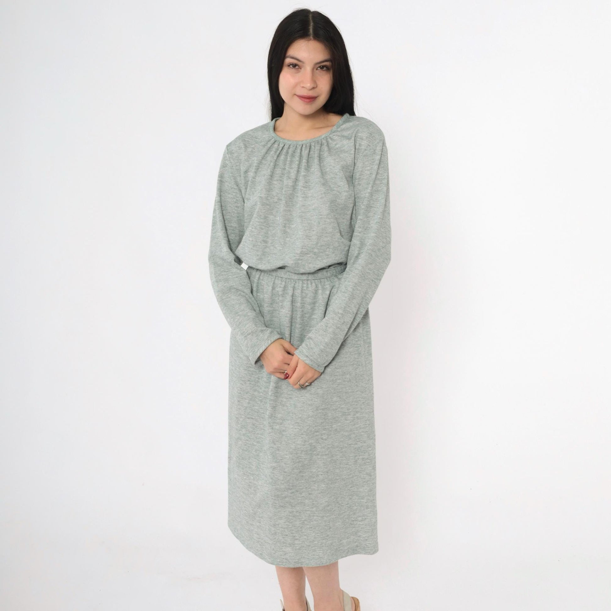80s Heather Green Wool Blend Midi Dress High Waist Long Sleeve Belt Extra Large