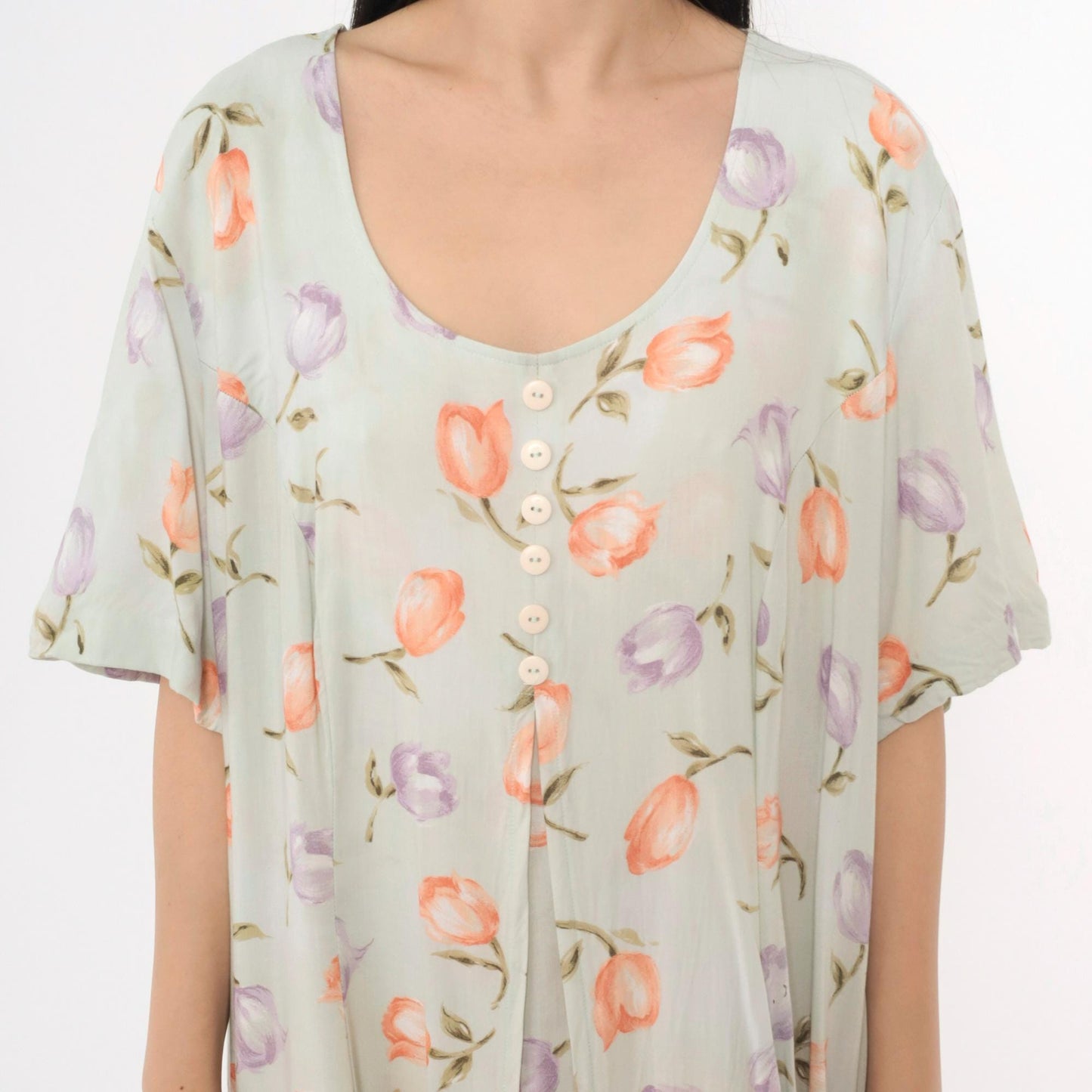 90s Jamie Brooke Floral Maxi Dress Green Button-Up Scoop Neck Short Sleeve XXL