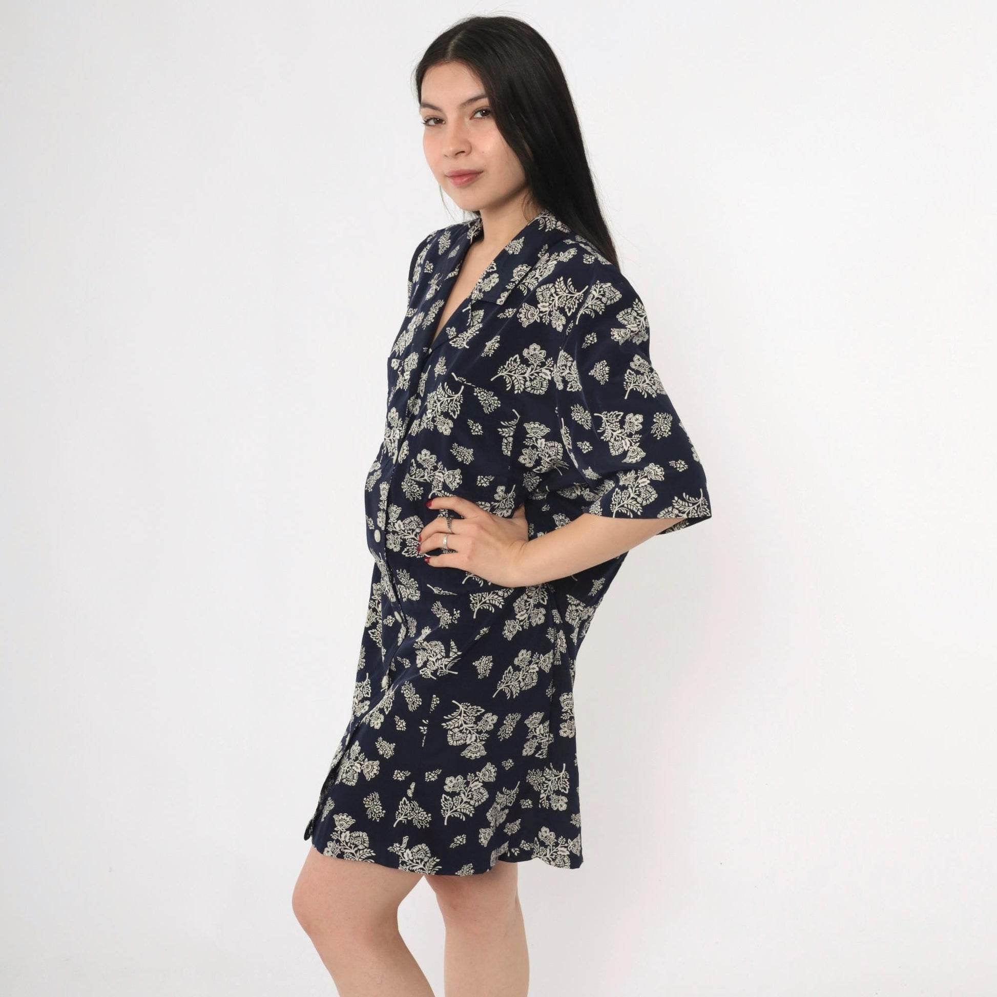 80s Liz Claiborne Navy Floral Midi Dress Drop Waist Button Front Extra Large
