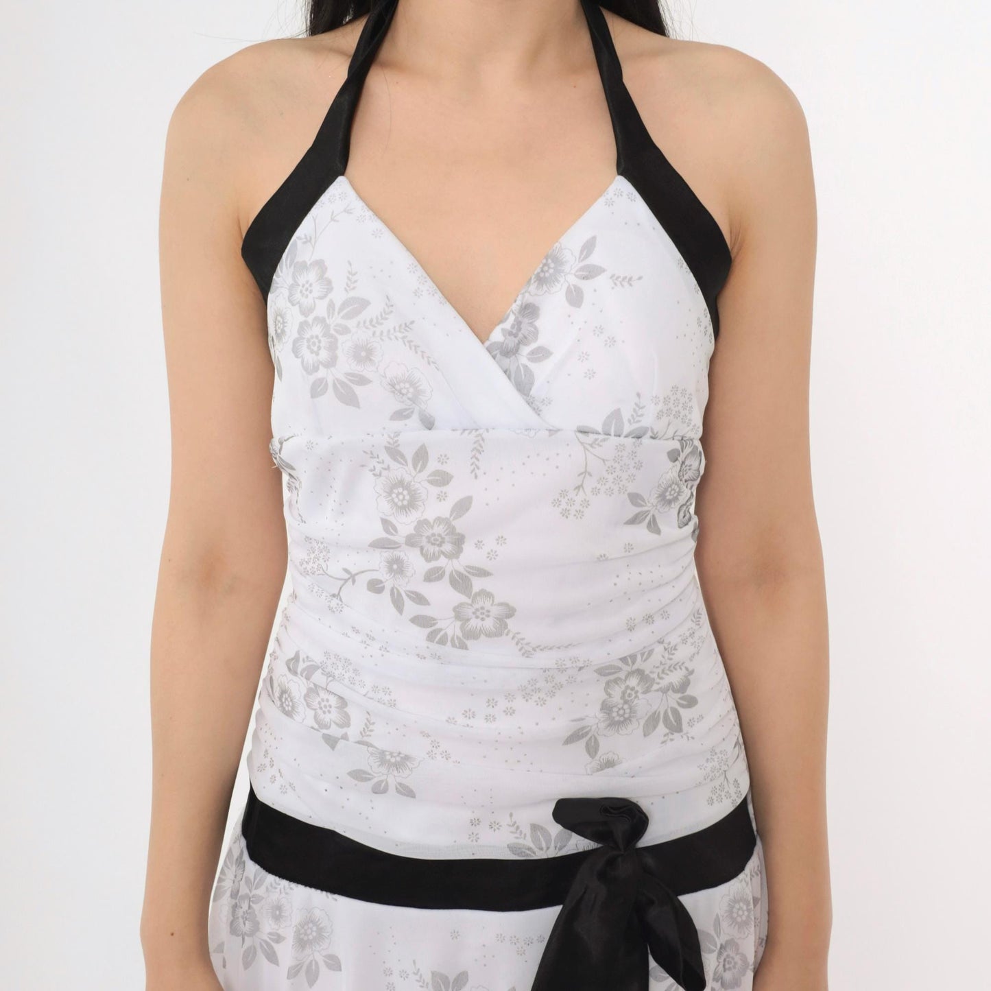 Y2K Taboo Floral Halter Mini Dress White Grey Ruched Hanky Hem Medium