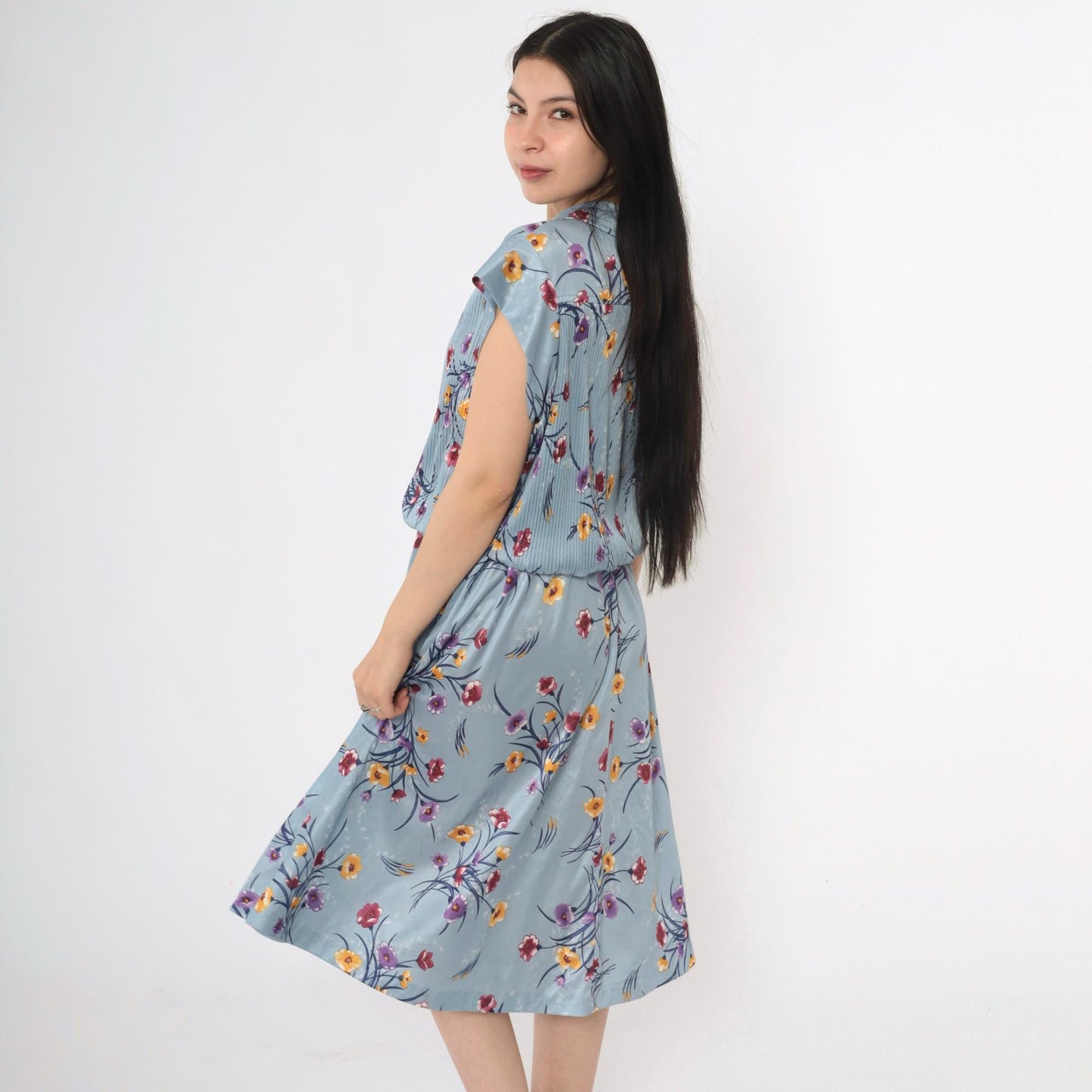 70s Blue Floral Midi Dress High Waist Peter Pan Collar Keyhole Cap Sleeve Extra Large