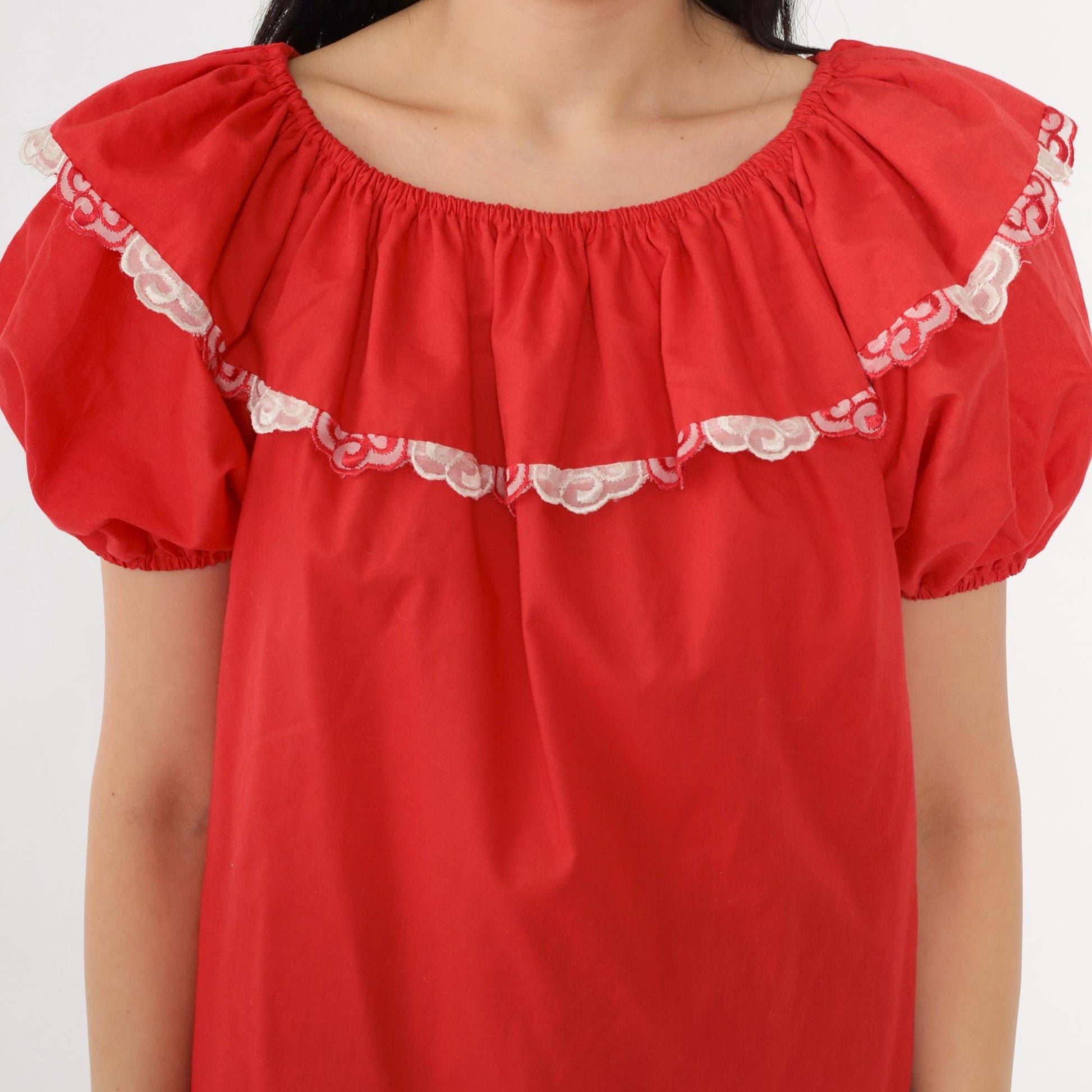 80s Red Peasant Blouse Puff Sleeve Elastic Neckline Small S
