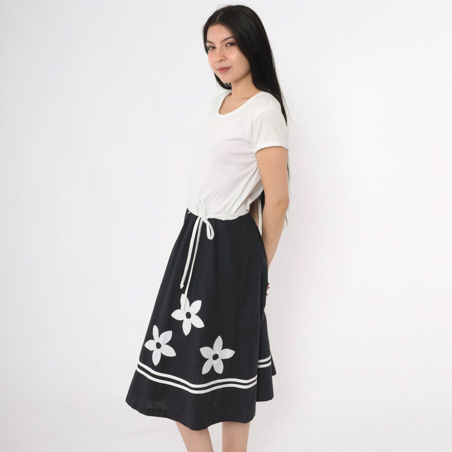 70s Toni Todd Black White Floral Appliqué Midi Dress High Waist Scoop Neck Medium