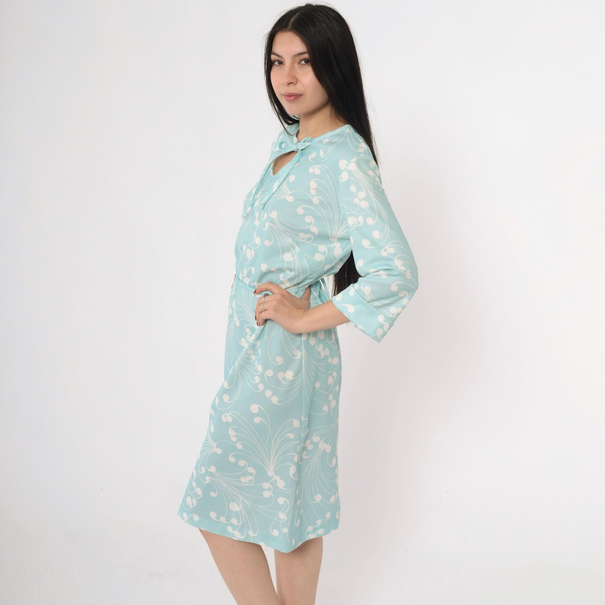 70s Lady Blair Aqua Swirl Print Shift Dress Keyhole Tie Neck Medium