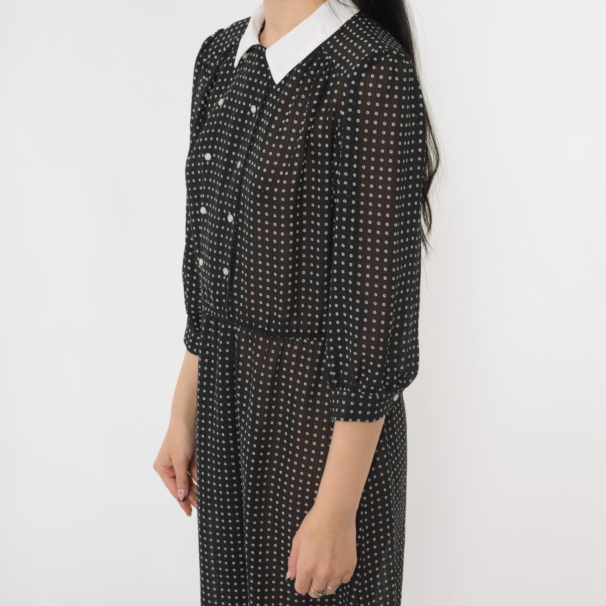 80s Black Polka Dot Midi Dress White Collar Puff Sleeve Button Front Medium M