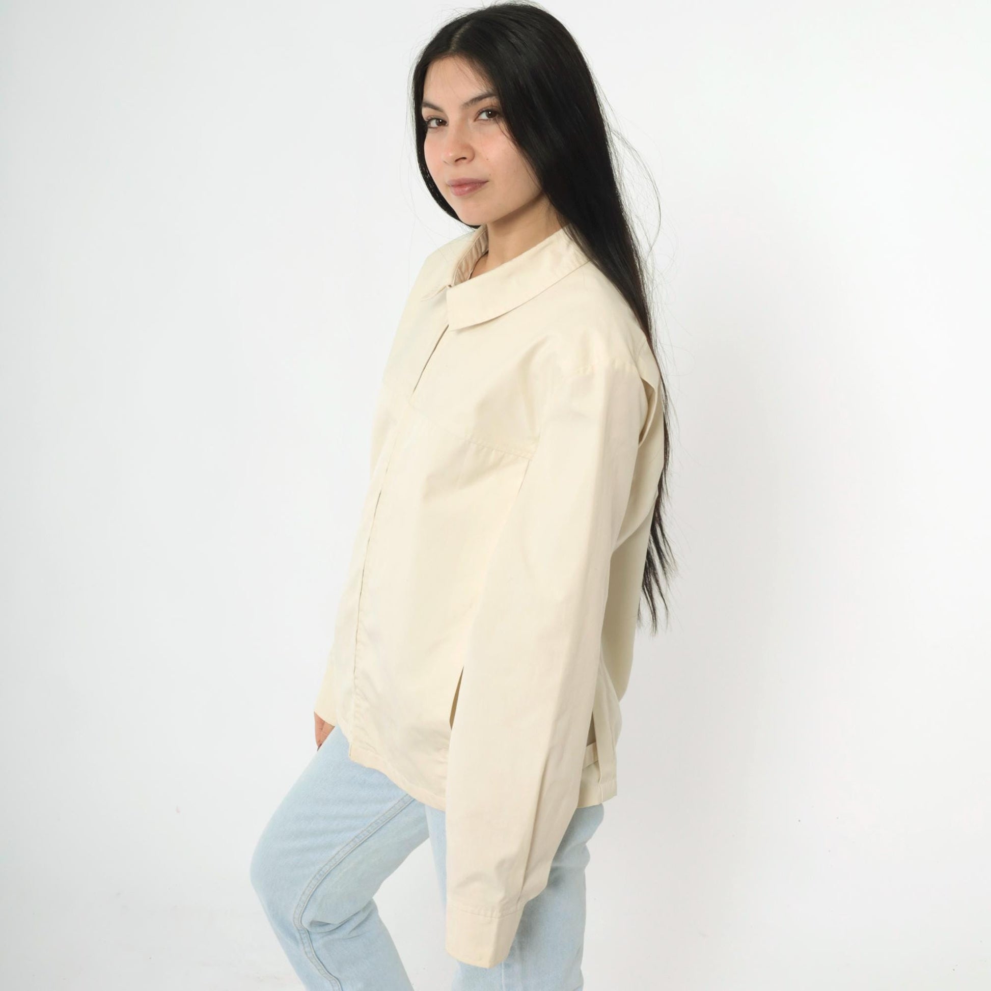 80s Cream Windbreaker Jacket Full Zip Bomber Neck Buckle Men's Medium