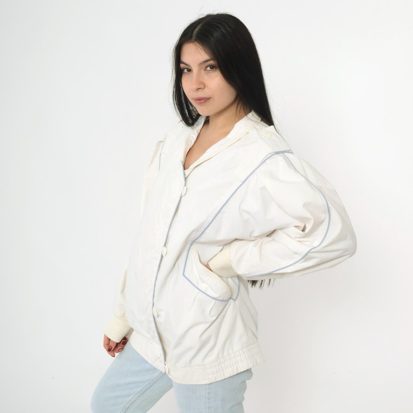 80s White Windbreaker Jacket Puff Sleeve Epaulet Bomber Medium