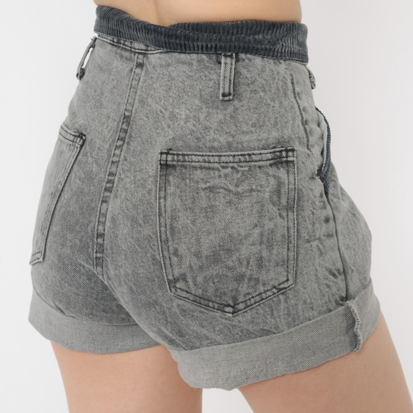 80s Grey Acid Wash Denim Shorts High Rise Pleated Button Fly Extra Small