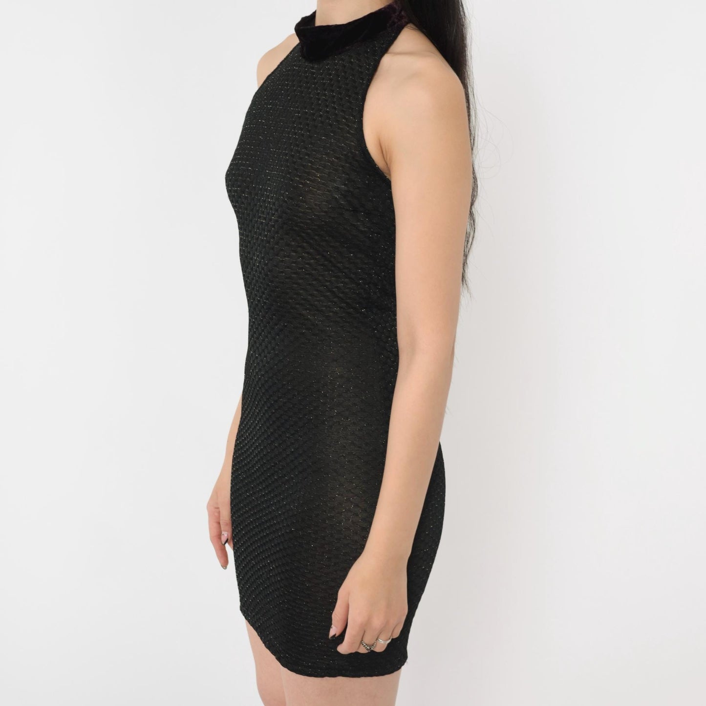 90s Black Metallic Bodycon Mini Dress Velvet Halter Sleeveless Extra Small