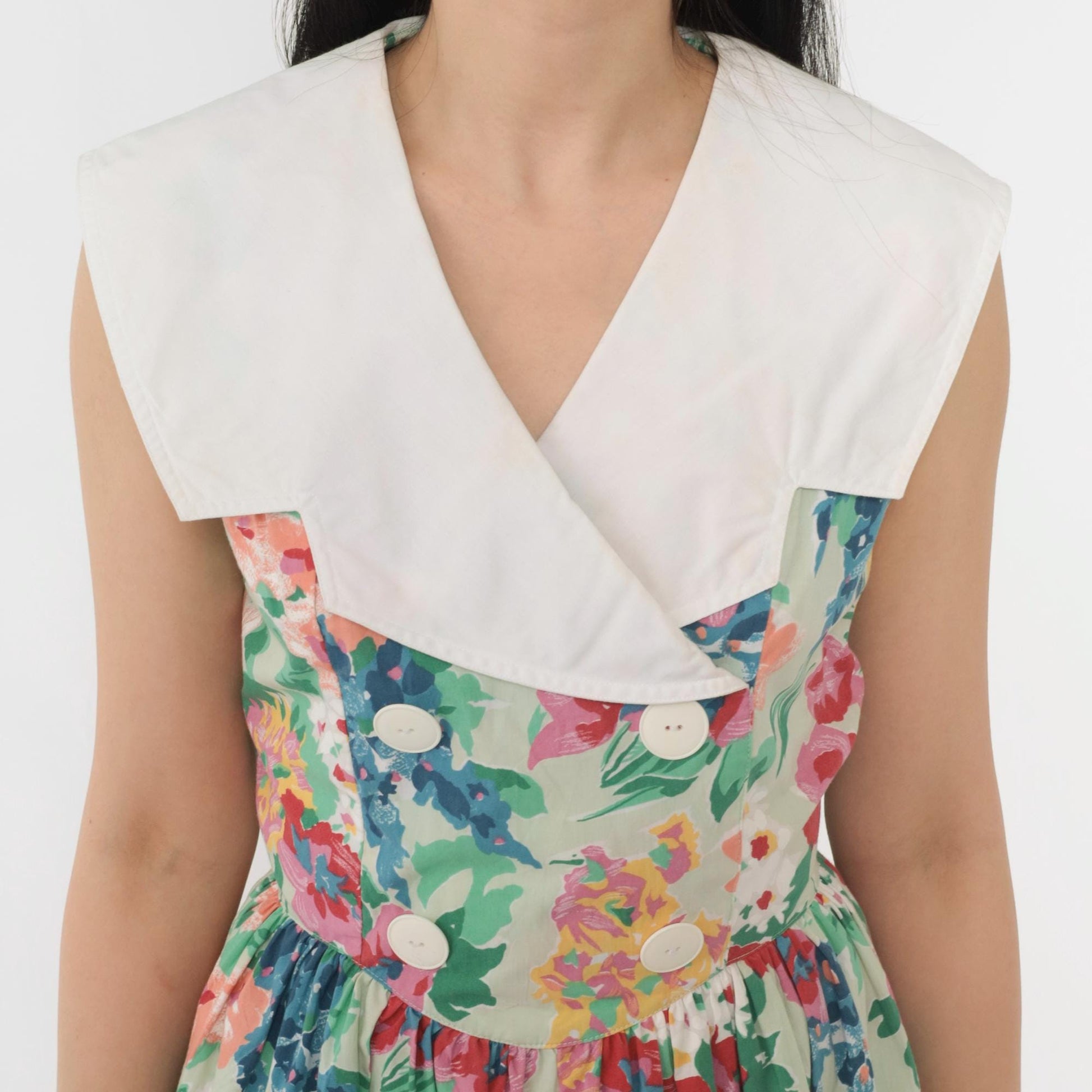 80s Floral Midi Dress Green White Collar Double Breasted Sleeveless Small