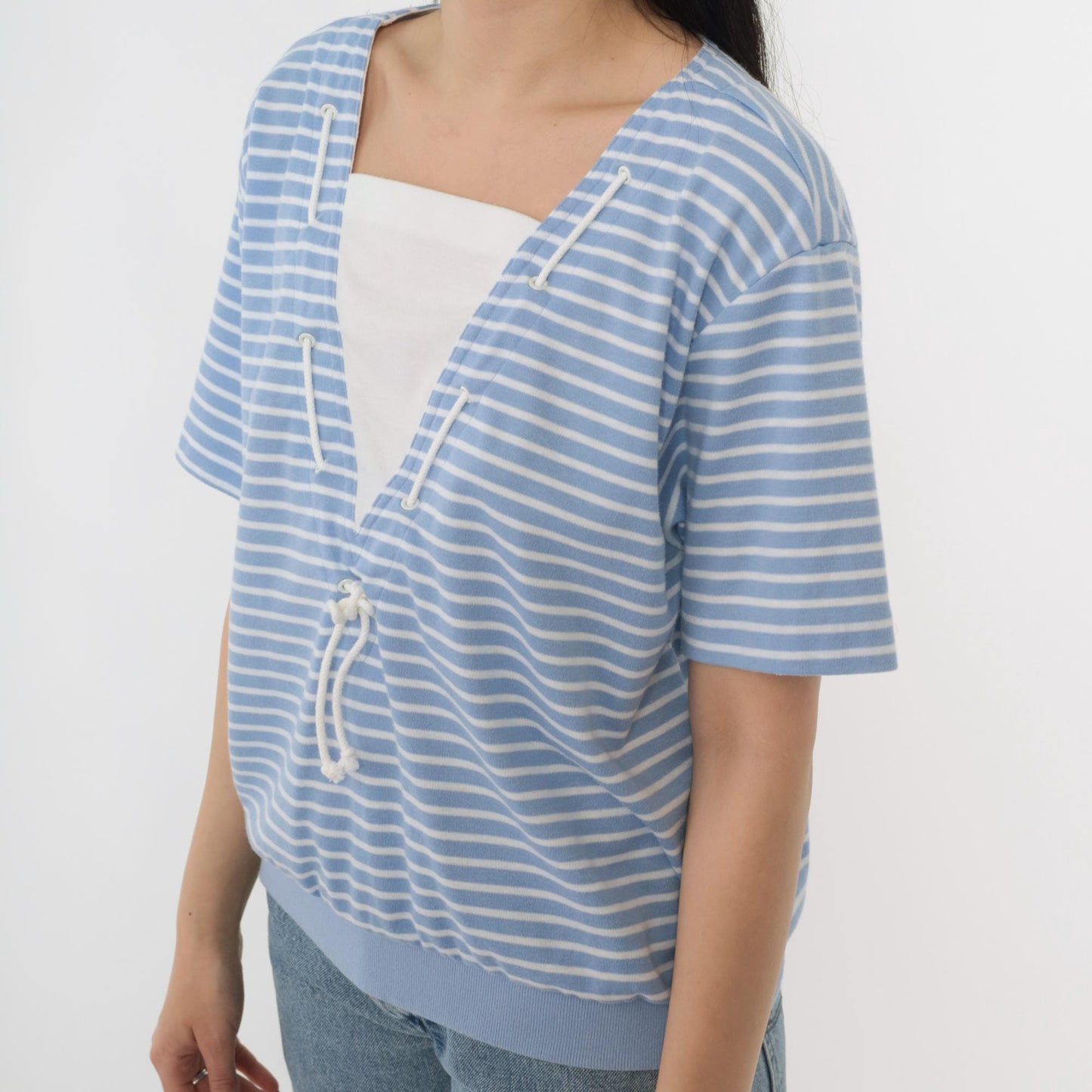 80s Jantzen Nautical Striped Shirt Light Blue White Drawstring Neck Medium Large