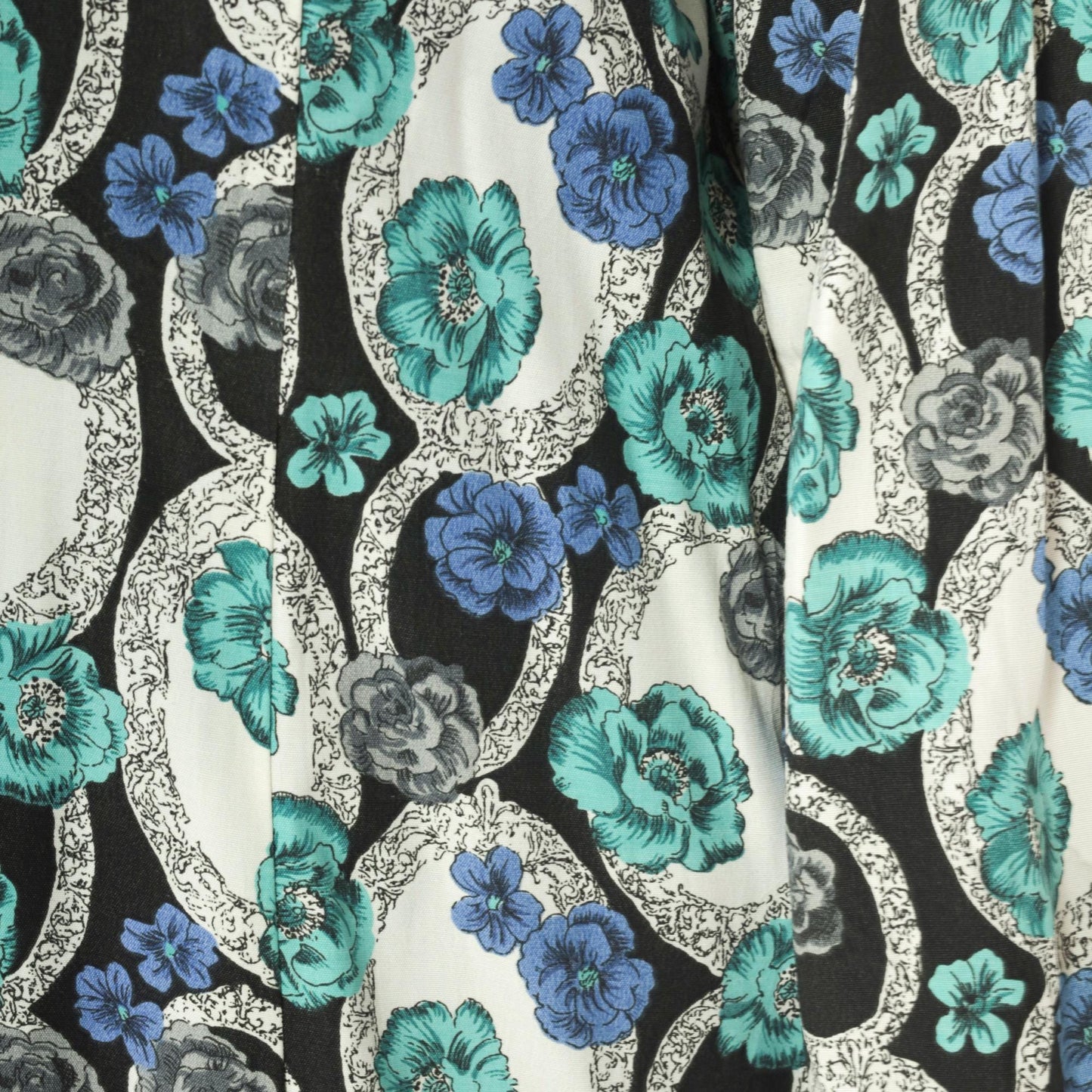 90s Young Edwardian Floral Blazer Deep V Neck Single Button Black White Blue Large