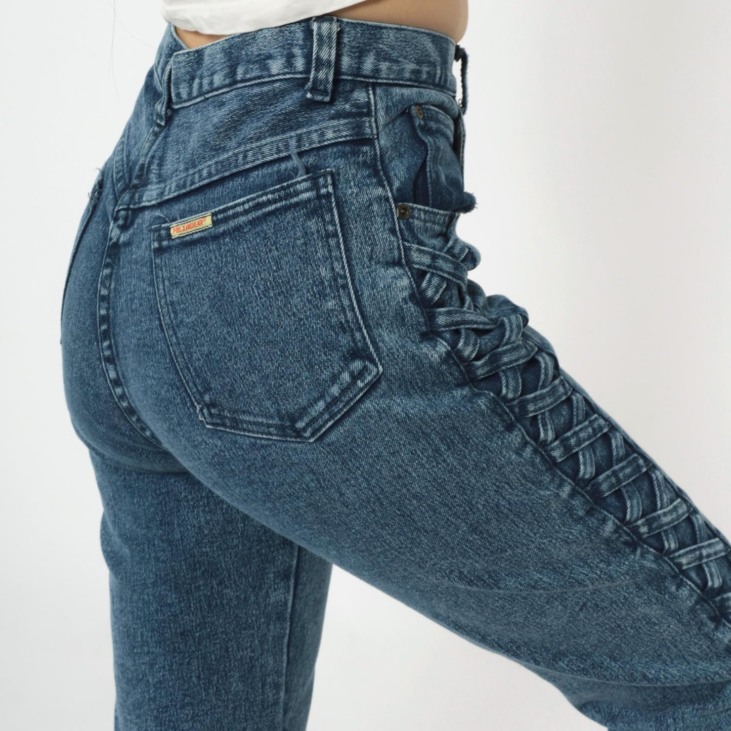 90s Blue Denim High Waist Tapered Jeans Lace Up Side Small S