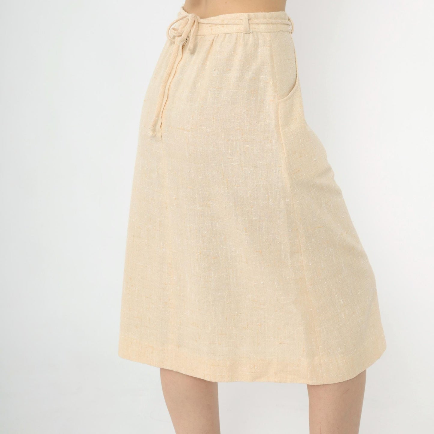 80s Cream Flecked A-Line Midi Skirt High Waist Tie Belt Pockets Small