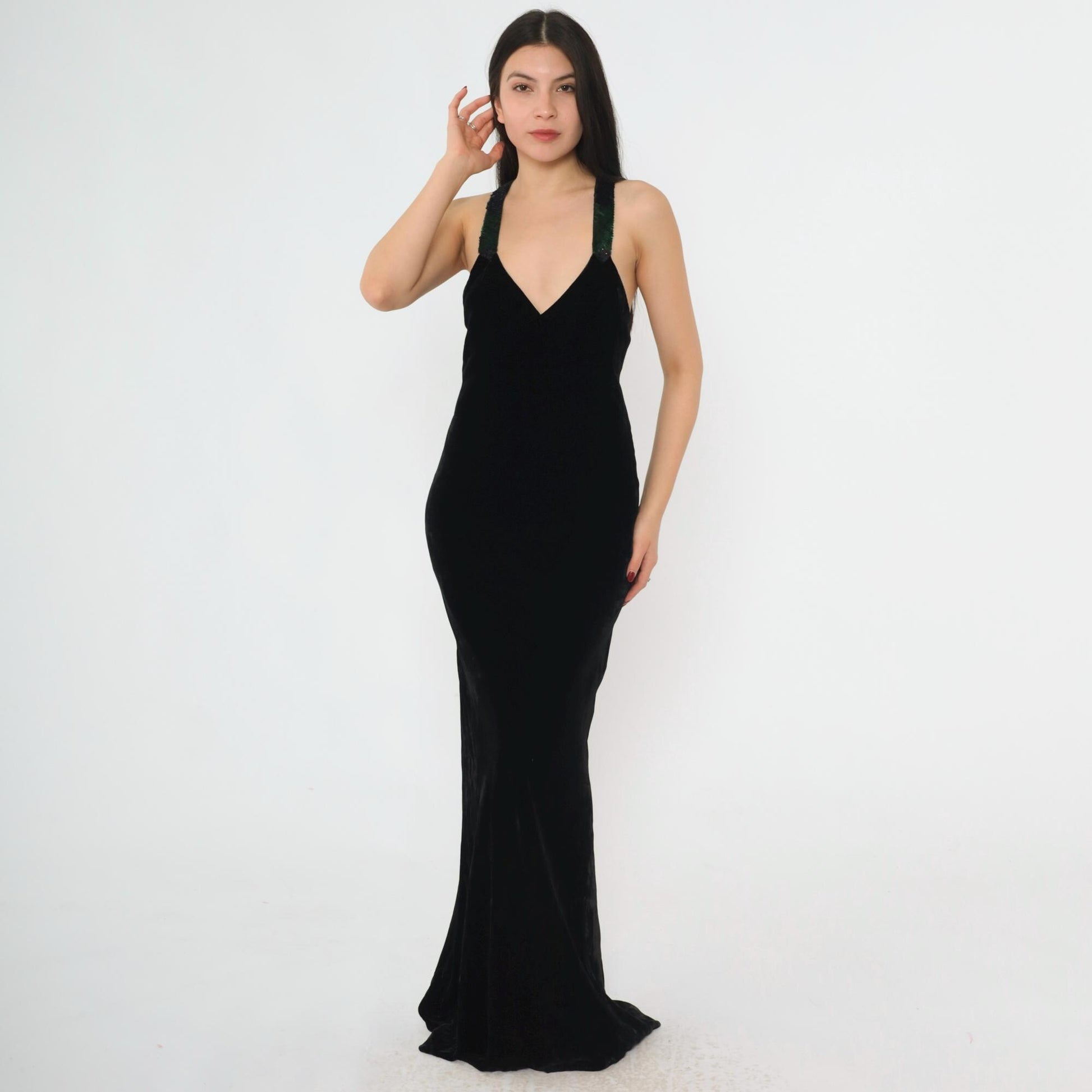 90s Ralph Lauren Collection Black Velvet Maxi Gown Sequin Straps Open Back Small 4