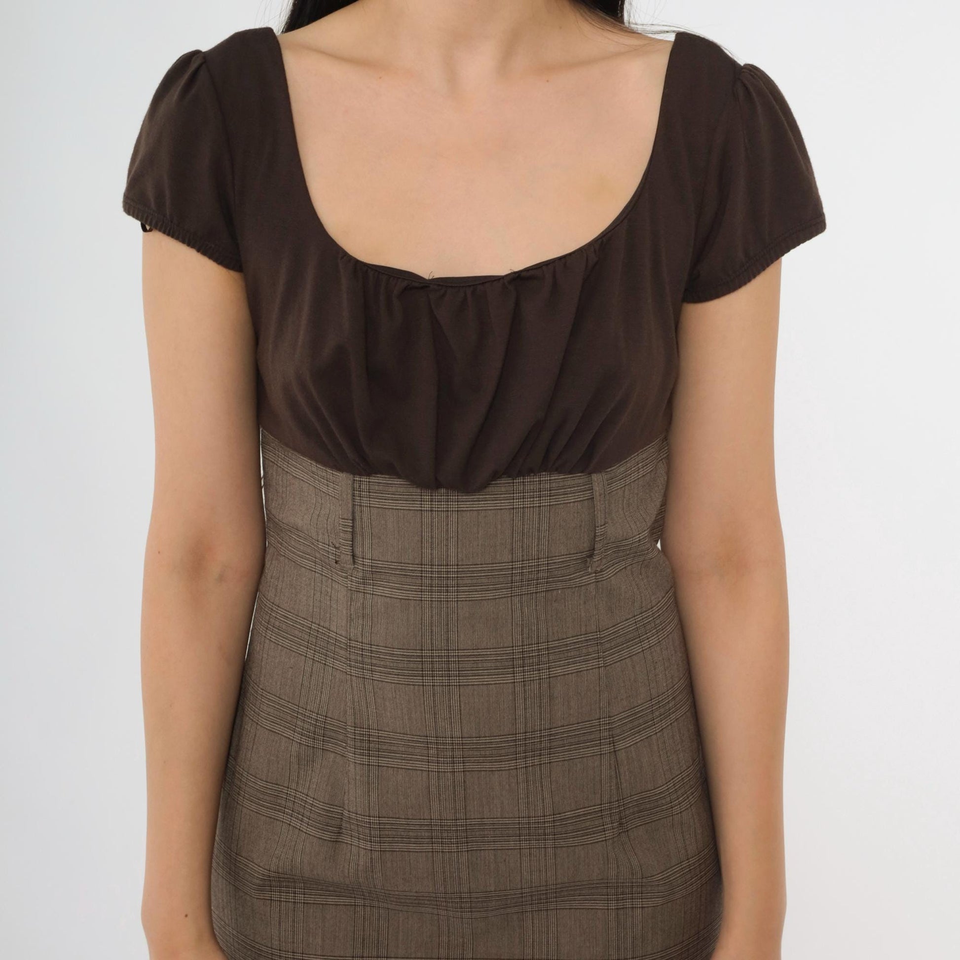 Y2K Brown Plaid Mini Dress Puff Sleeve Empire Waist Scoop Neck Small 7