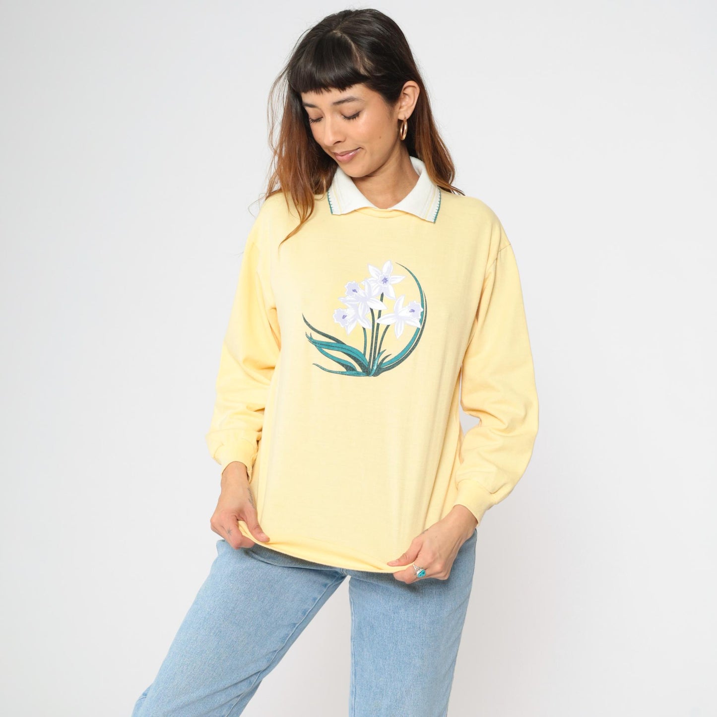 90s Yellow Floral Collared Sweatshirt Graphic Crewneck Medium M
