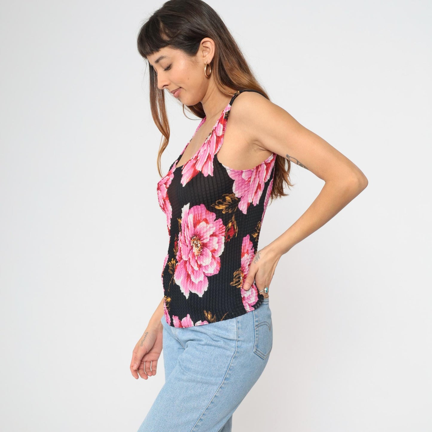 Y2K Floral Popcorn Tank Top Black Pink Scoop Neck Sleeveless Medium